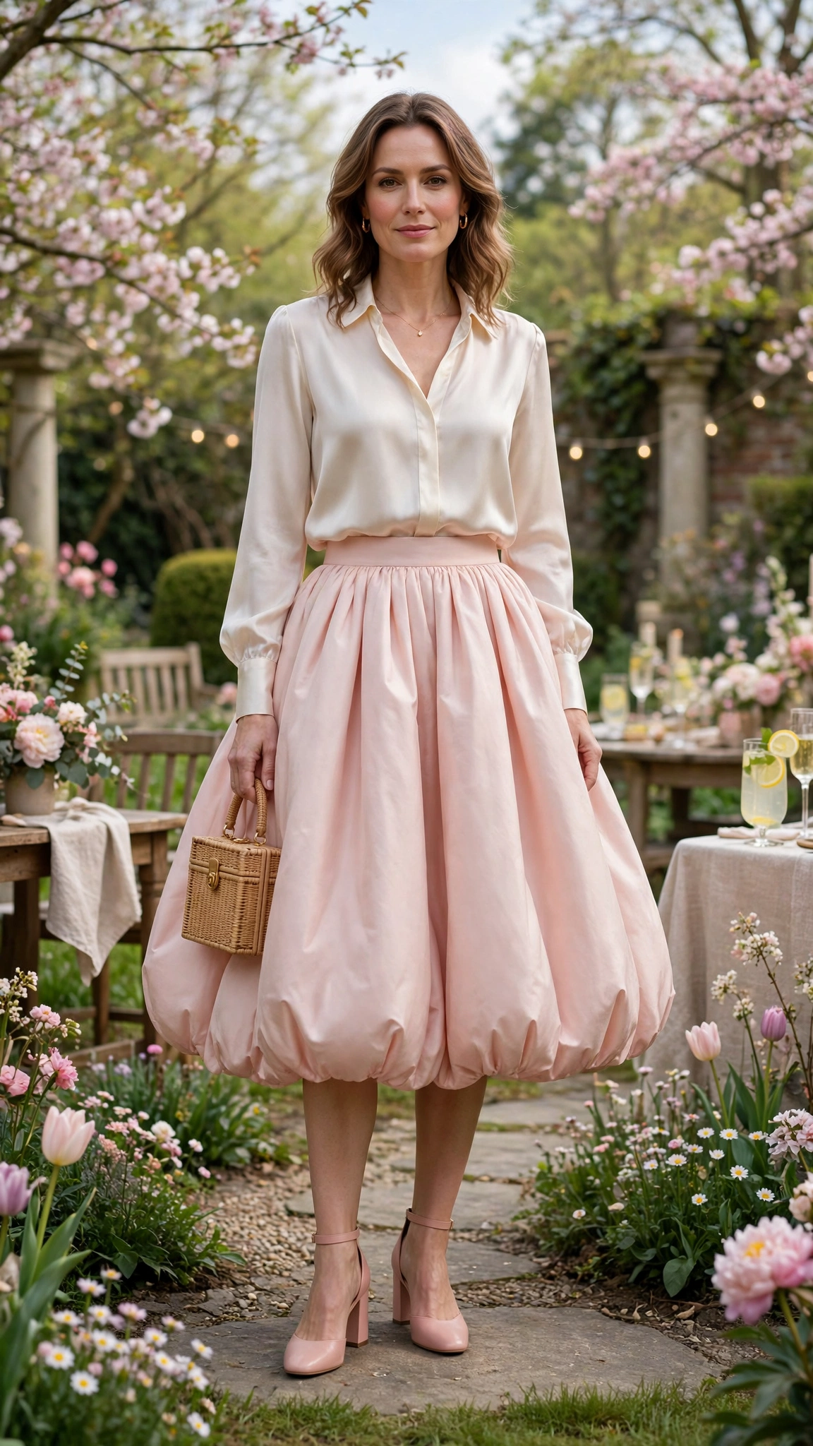 25 Bubble Skirt Outfits for Spring Parties That Are Fresh, Chic and Easy to Wear 24 Blush Pink Bubble Skirt Outfit with a silk blouse and block heels