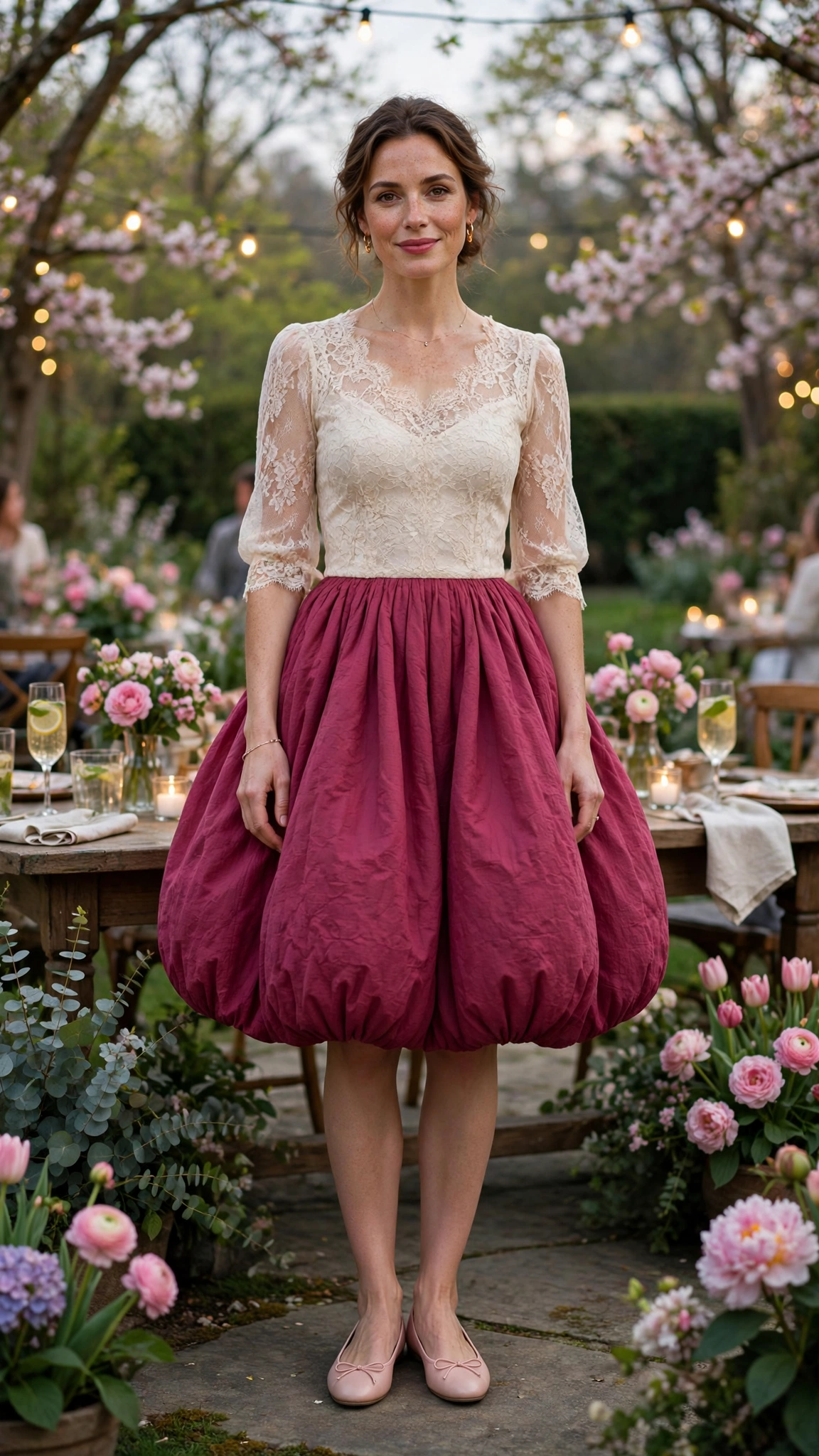 25 Bubble Skirt Outfits for Spring Parties That Are Fresh, Chic and Easy to Wear 26 Berry Bubble Skirt Outfit with a lace top and ballet flats