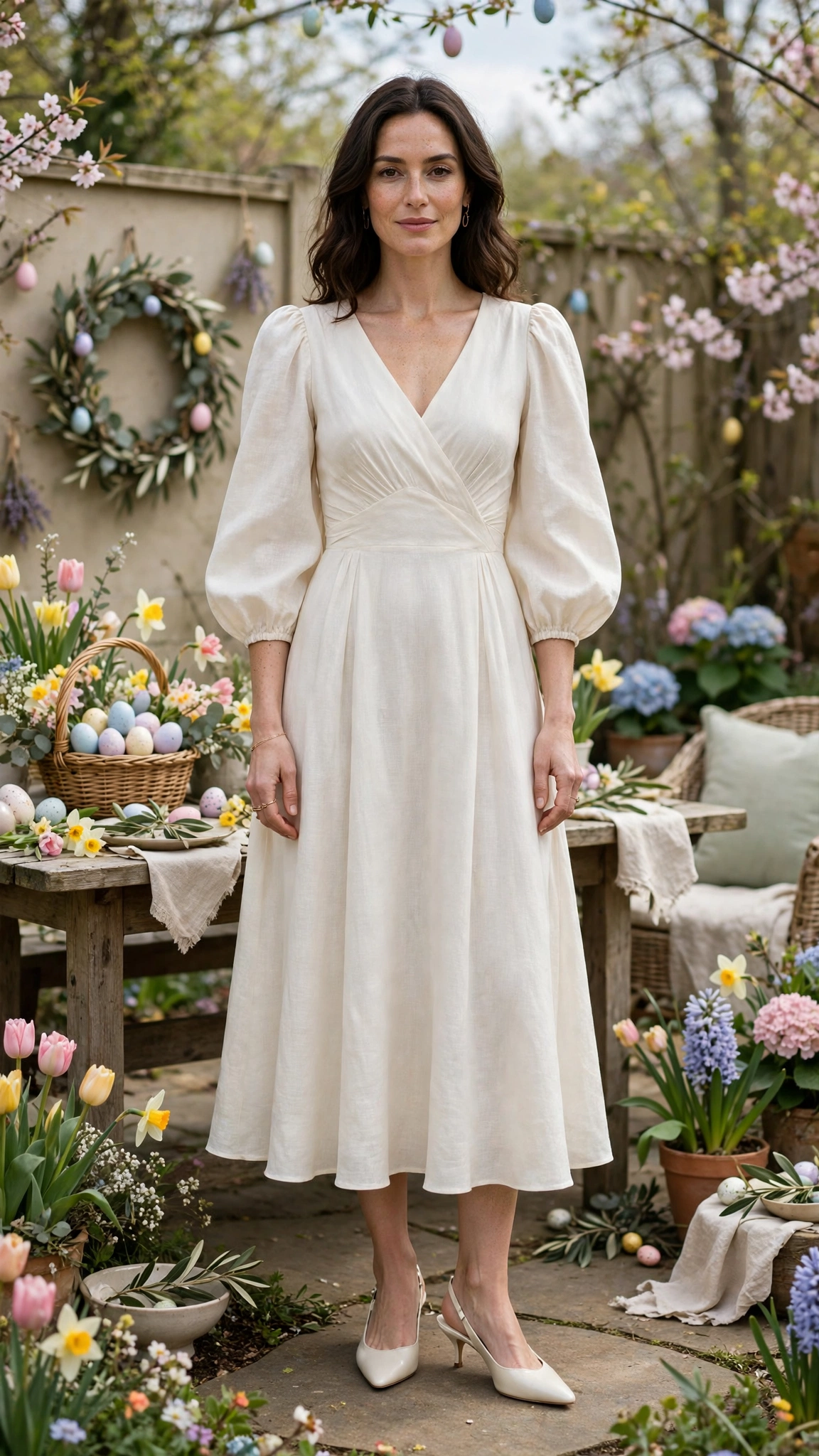 Ivory Bubble Sleeve Dress Outfit with a V-neck bodice and kitten heels