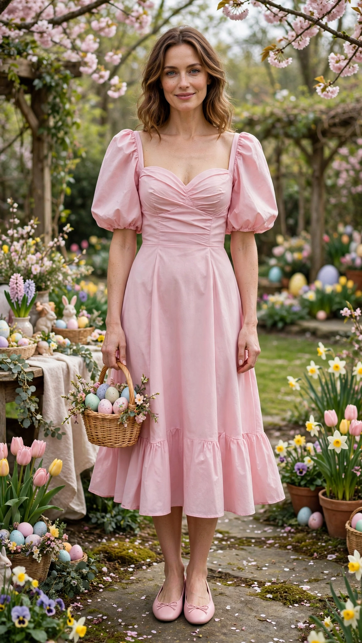 Powder Pink Bubble Sleeve Dress Outfit with a sweetheart bodice and ballet flats