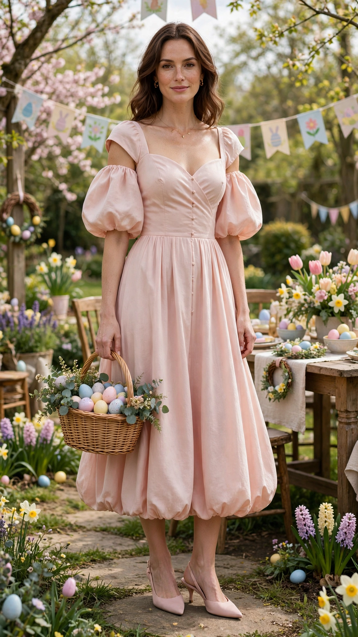 Blush Pink Bubble Sleeve Dress Outfit with a cap-sleeve bodice and slingbacks