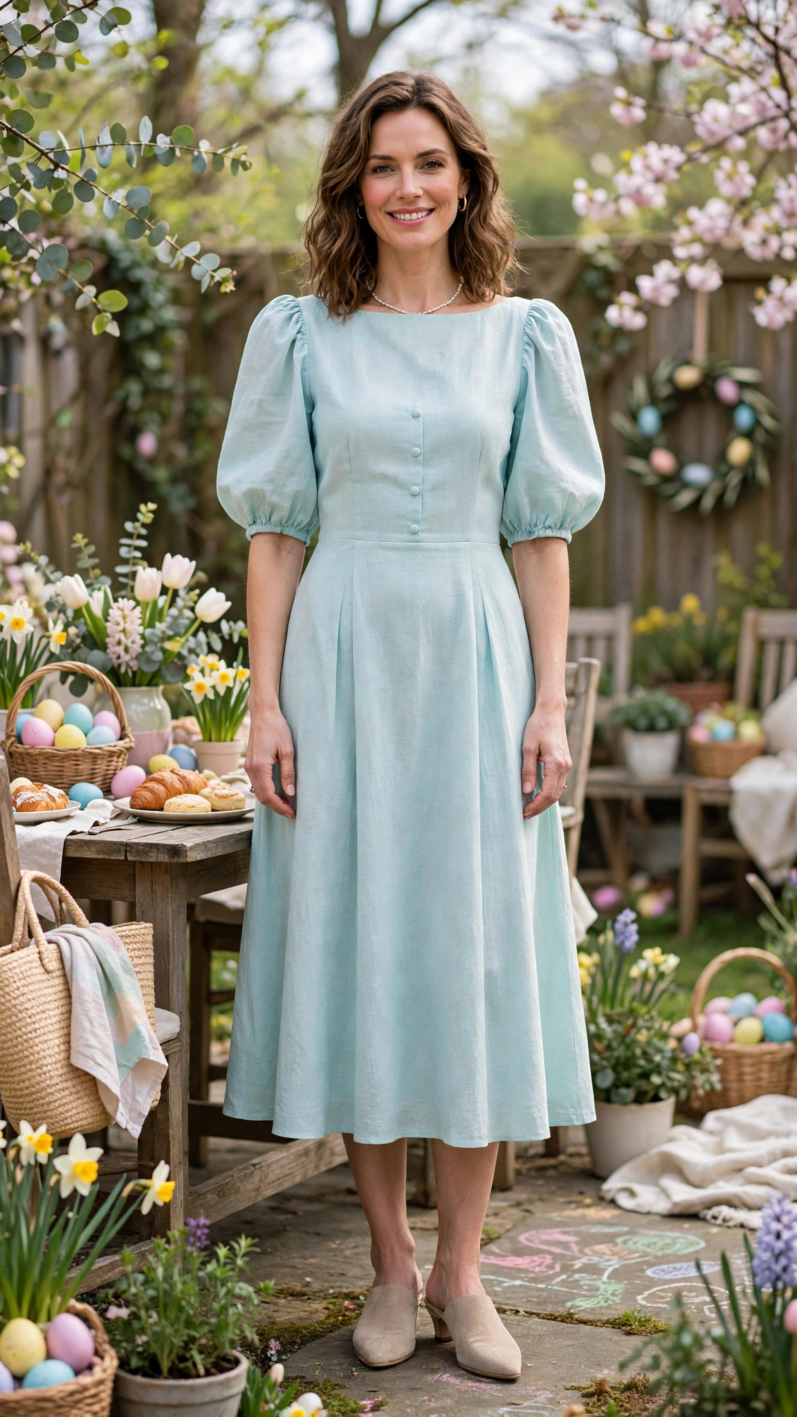 Light Aqua Bubble Sleeve Dress Outfit with a boat-neck bodice and mules