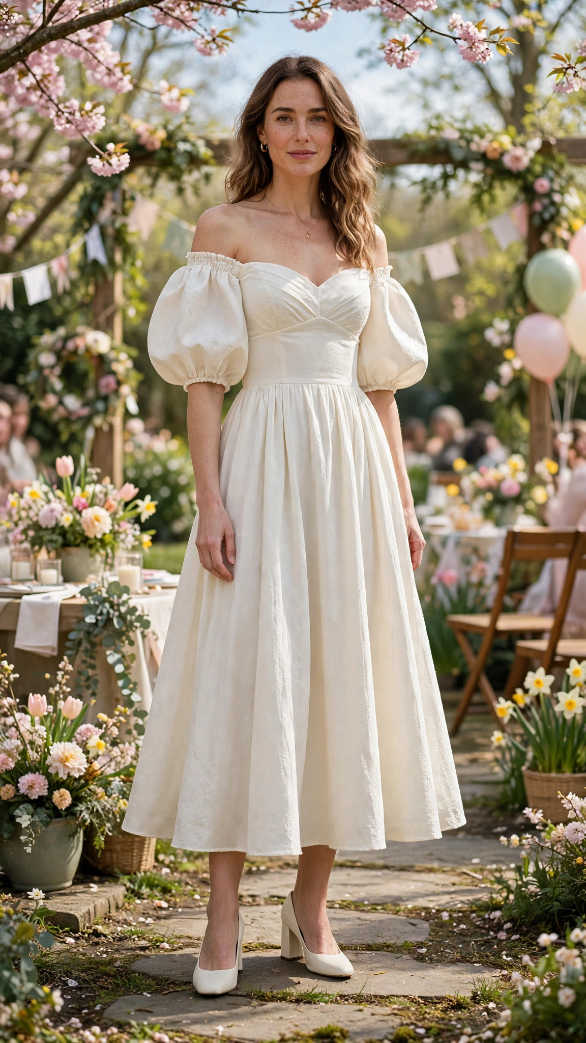 Ivory Bubble Sleeve Dress Outfit with an off-shoulder bodice and block heels
