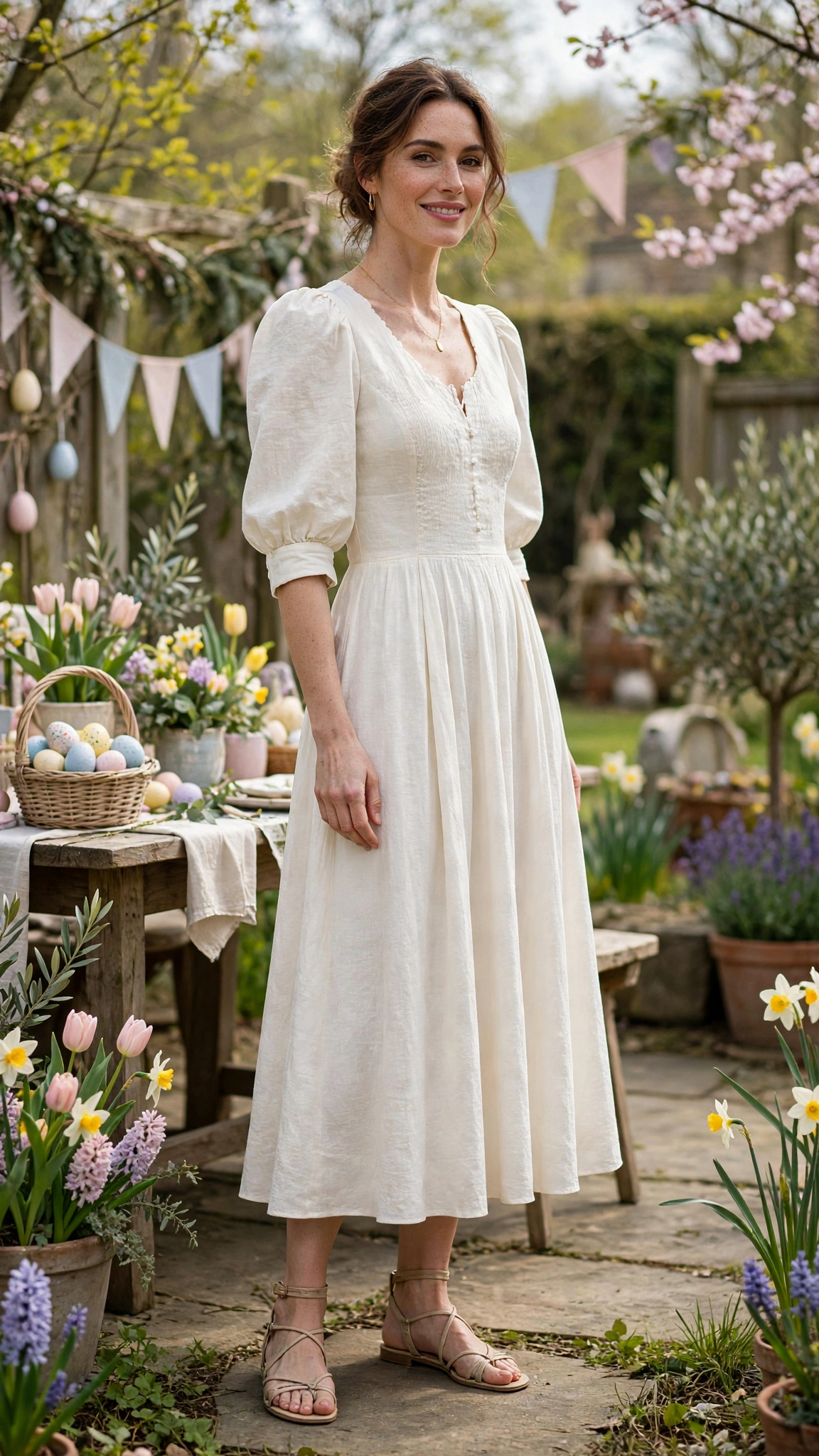 Ivory Bubble Sleeve Dress Outfit with a three-quarter sleeve bodice and strappy sandals
