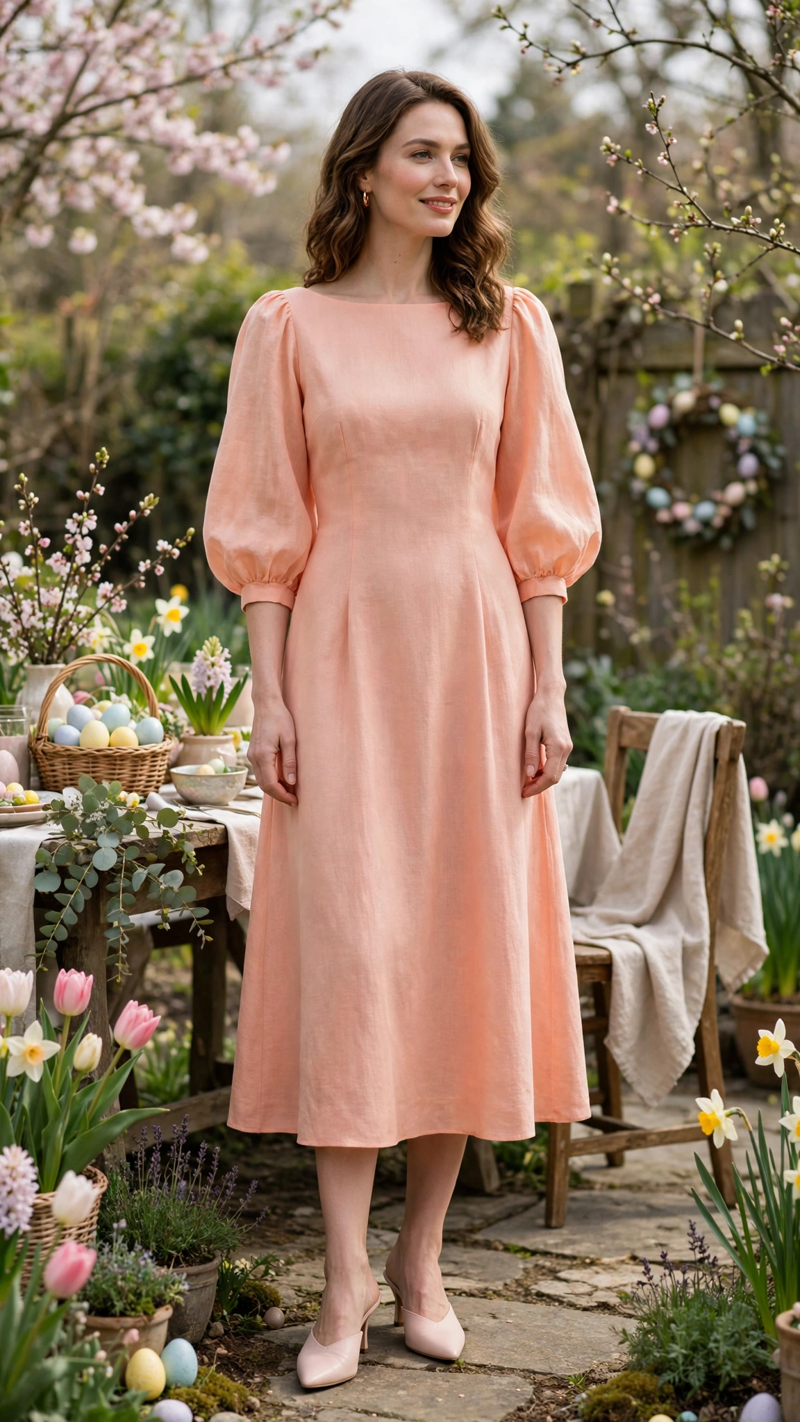 Pale Coral Bubble Sleeve Dress Outfit with a boat-neck bodice and mules