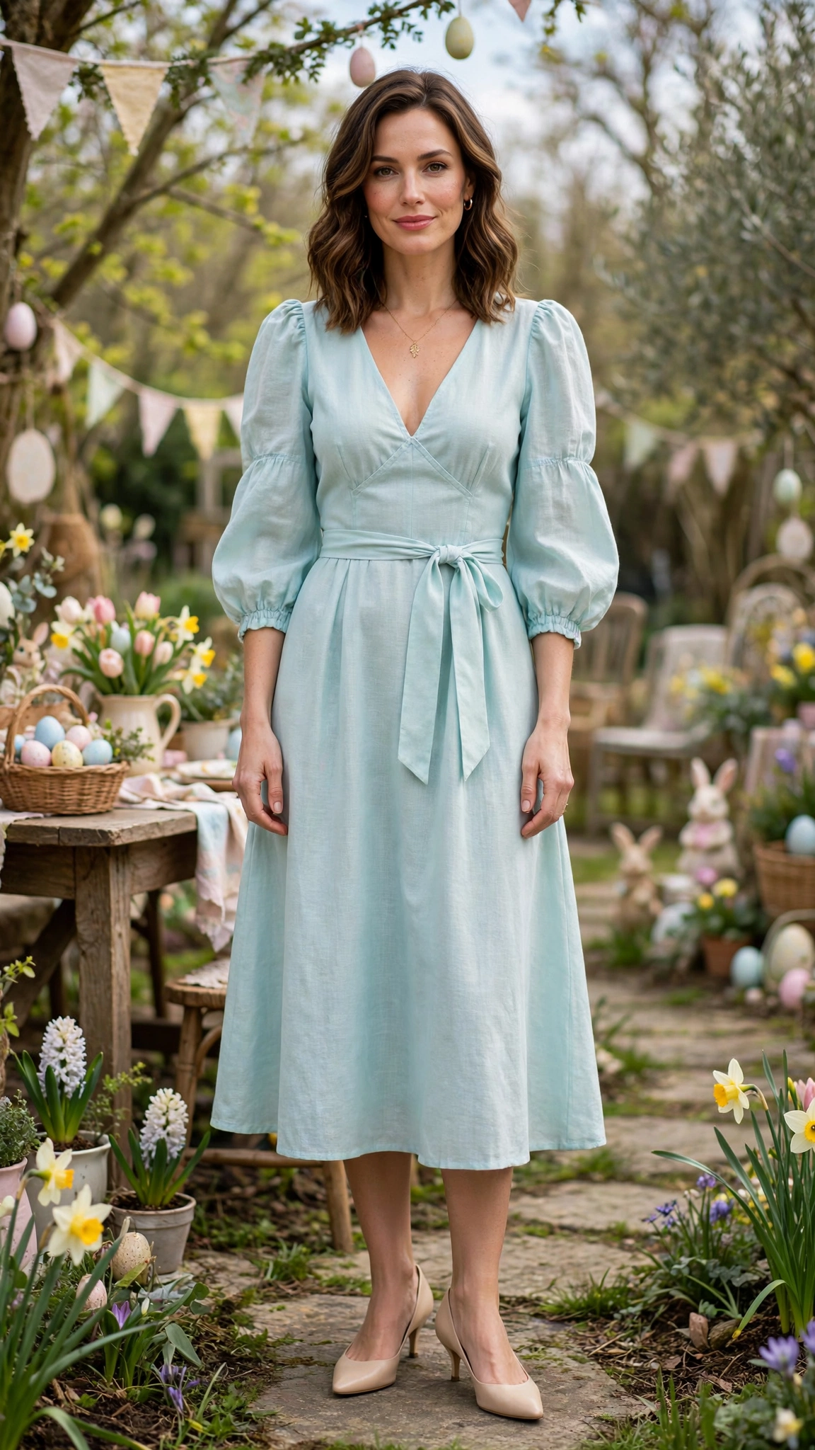 Light Aqua Bubble Sleeve Dress Outfit with a V-neck bodice and kitten heels