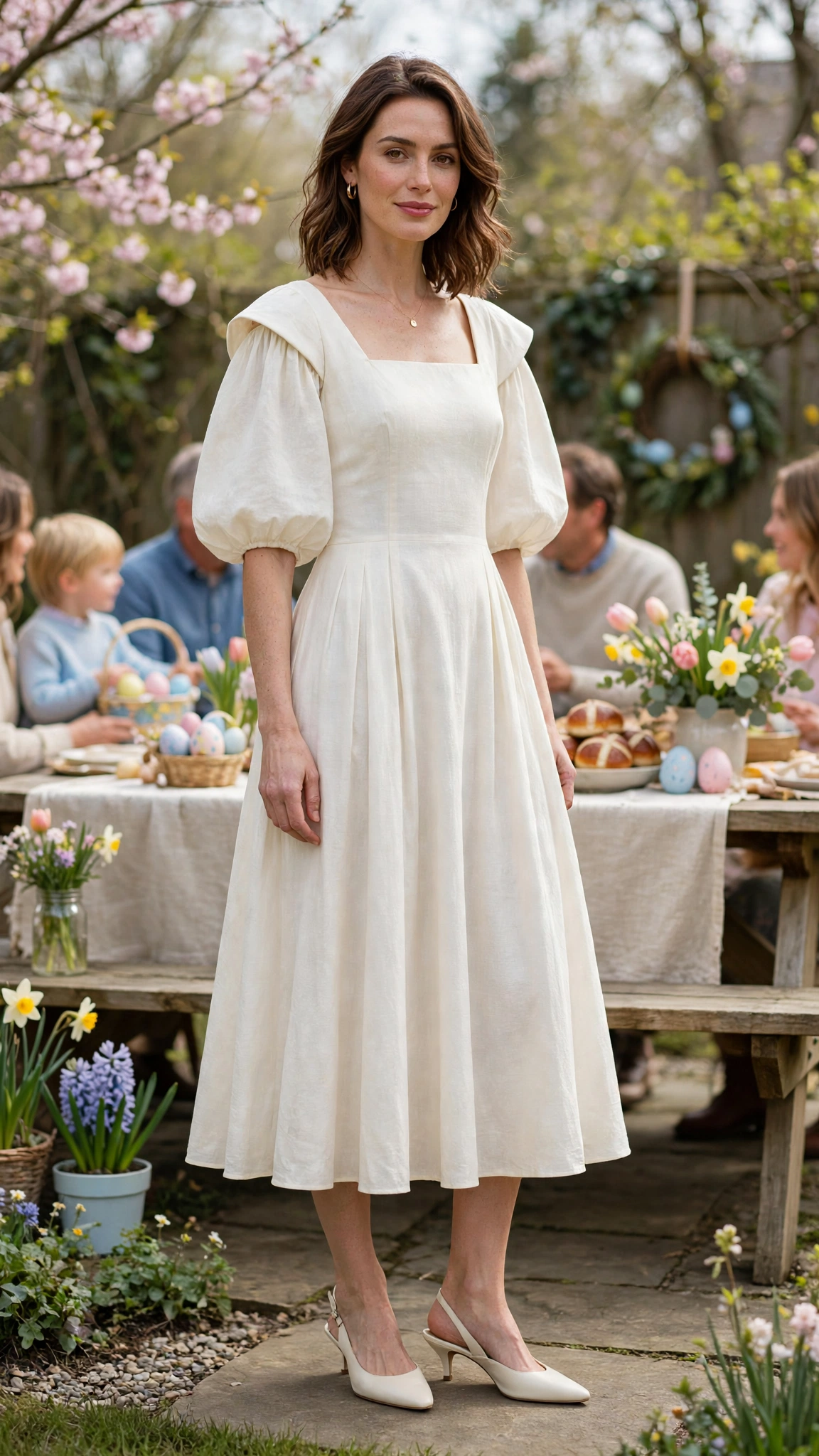 Ivory Bubble Sleeve Dress Outfit with a cap-sleeve bodice and slingbacks