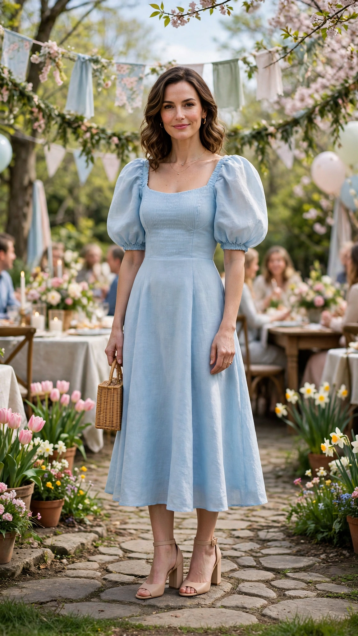 Baby Blue Bubble Sleeve Dress Outfit with a fitted bodice and nude block heels