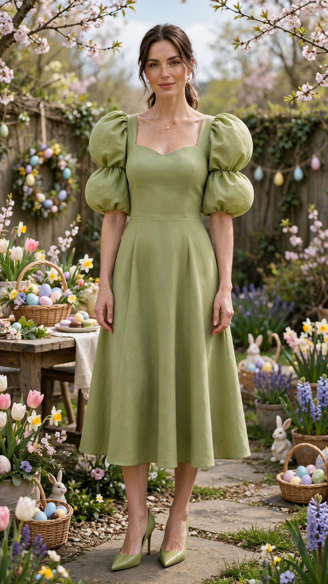 Pistachio Bubble Sleeve Dress Outfit with a sleeveless bodice and pointed pumps