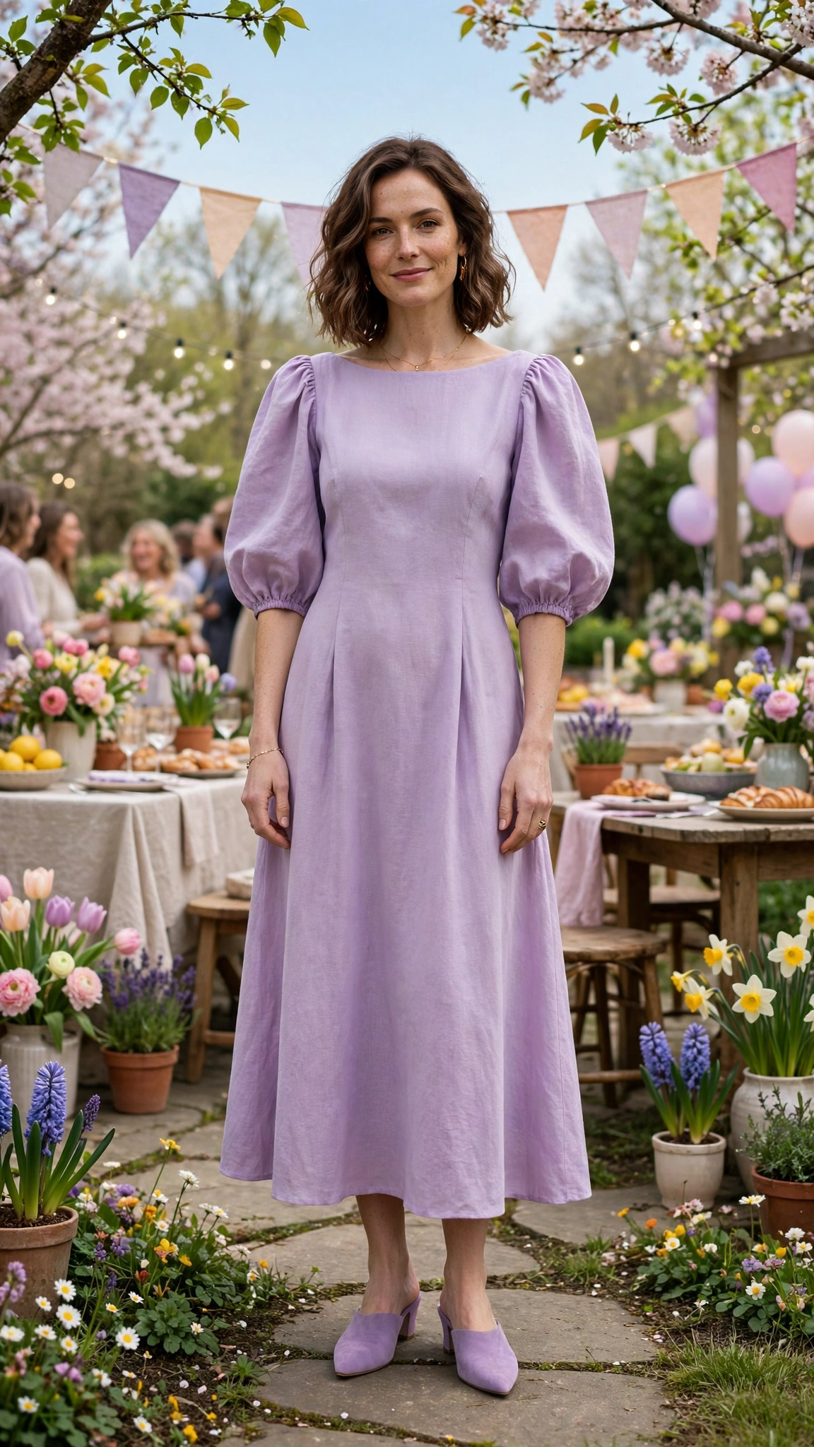 Soft Lilac Bubble Sleeve Dress Outfit with a boat-neck bodice and mules