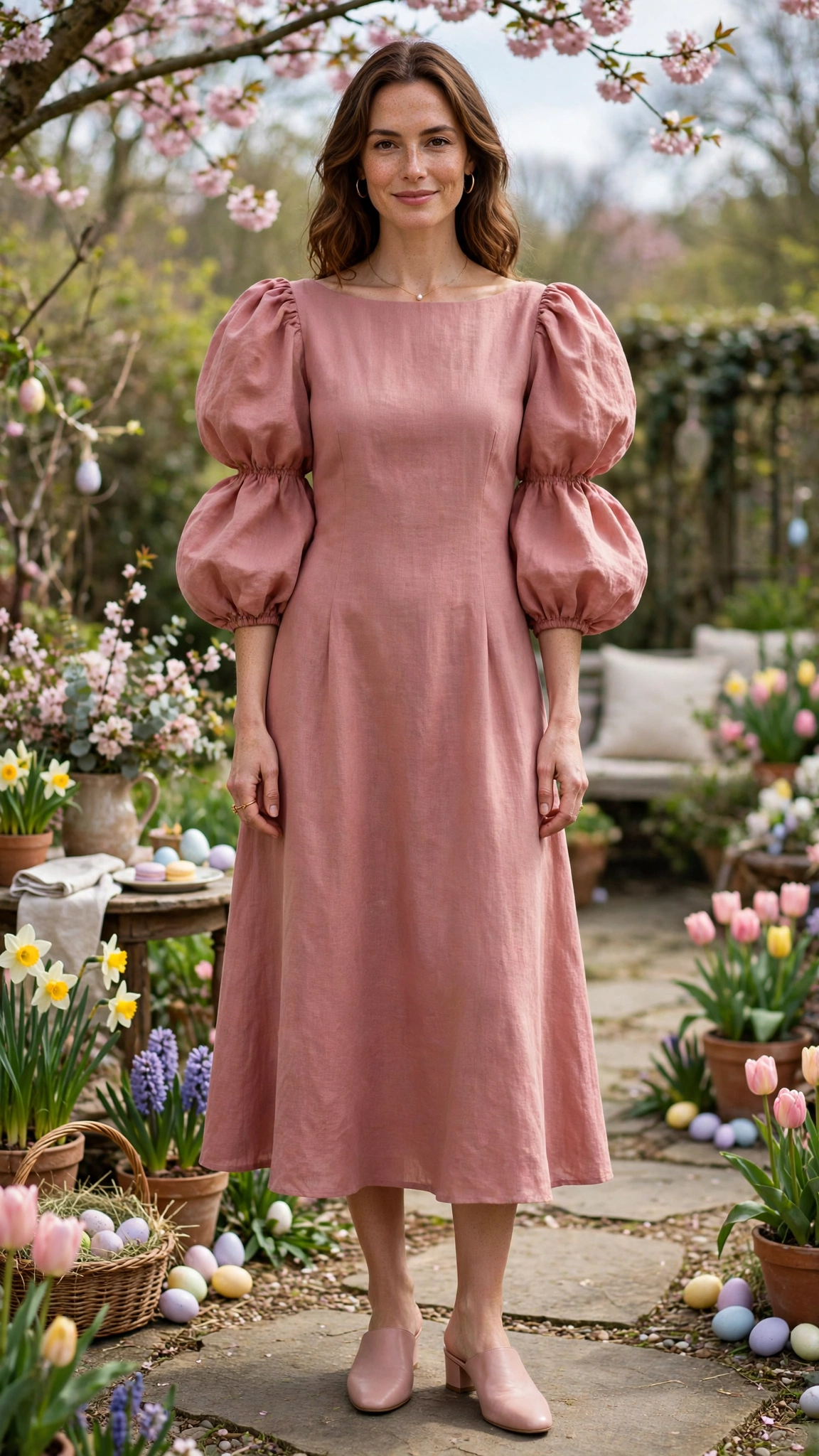 Dusty Rose Bubble Sleeve Dress Outfit with a boat-neck bodice and mules