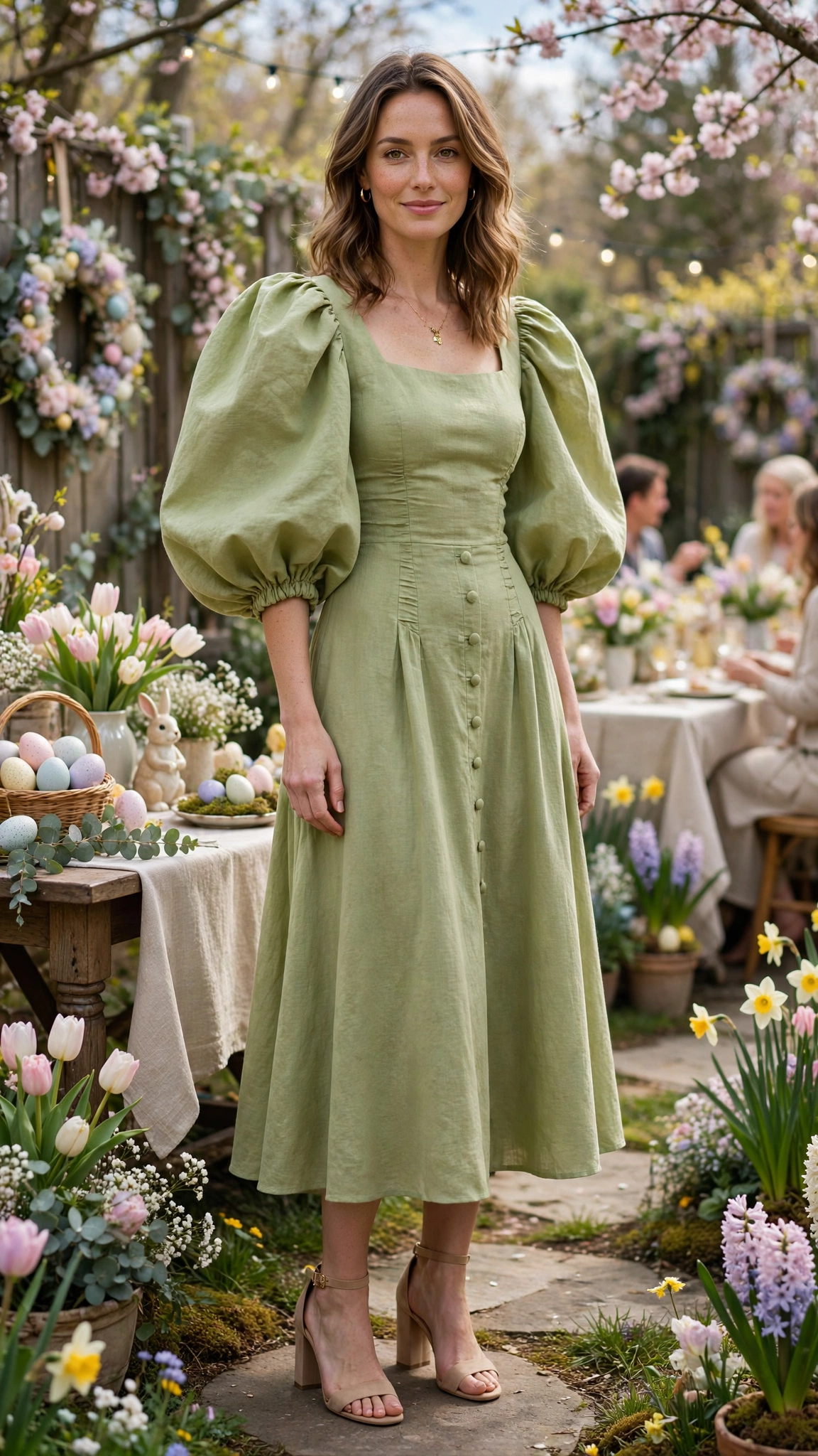 Pistachio Bubble Sleeve Dress Outfit with a fitted bodice and nude block heels