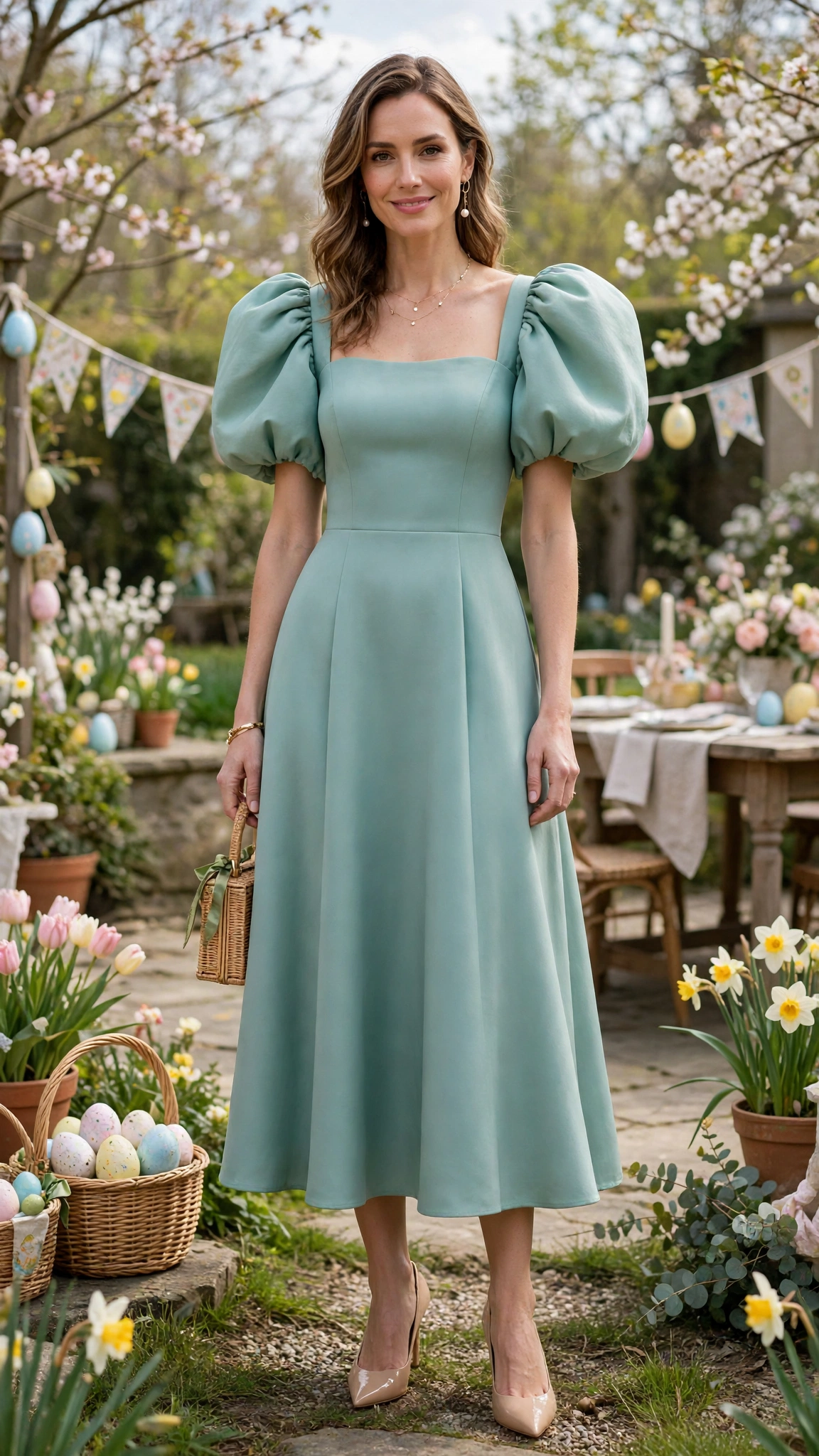 Seafoam Bubble Sleeve Dress Outfit with a sleeveless bodice and pointed pumps