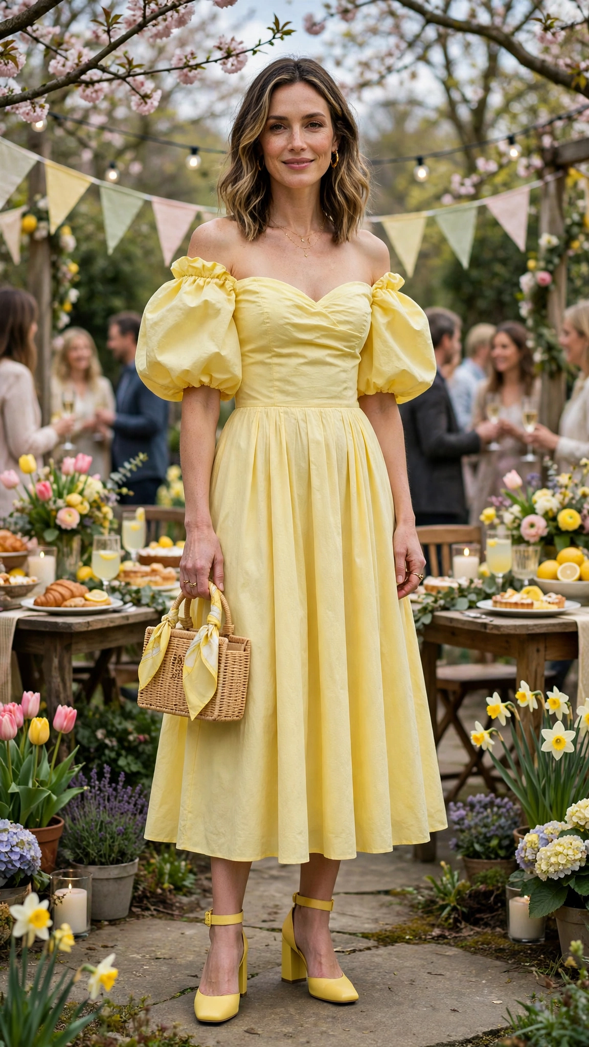 Lemon Yellow Bubble Sleeve Dress Outfit with an off-shoulder bodice and block heels
