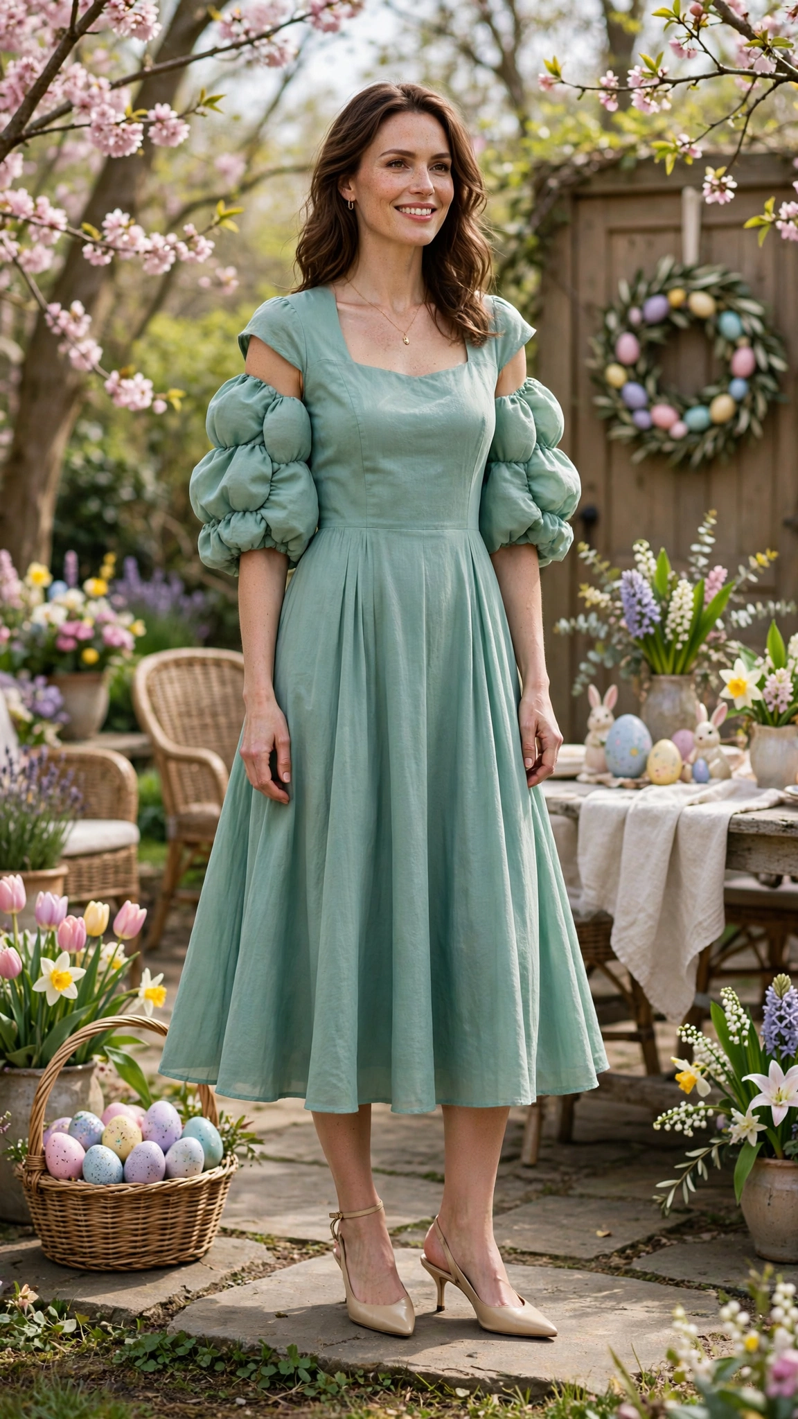 Seafoam Bubble Sleeve Dress Outfit with a cap-sleeve bodice and slingbacks