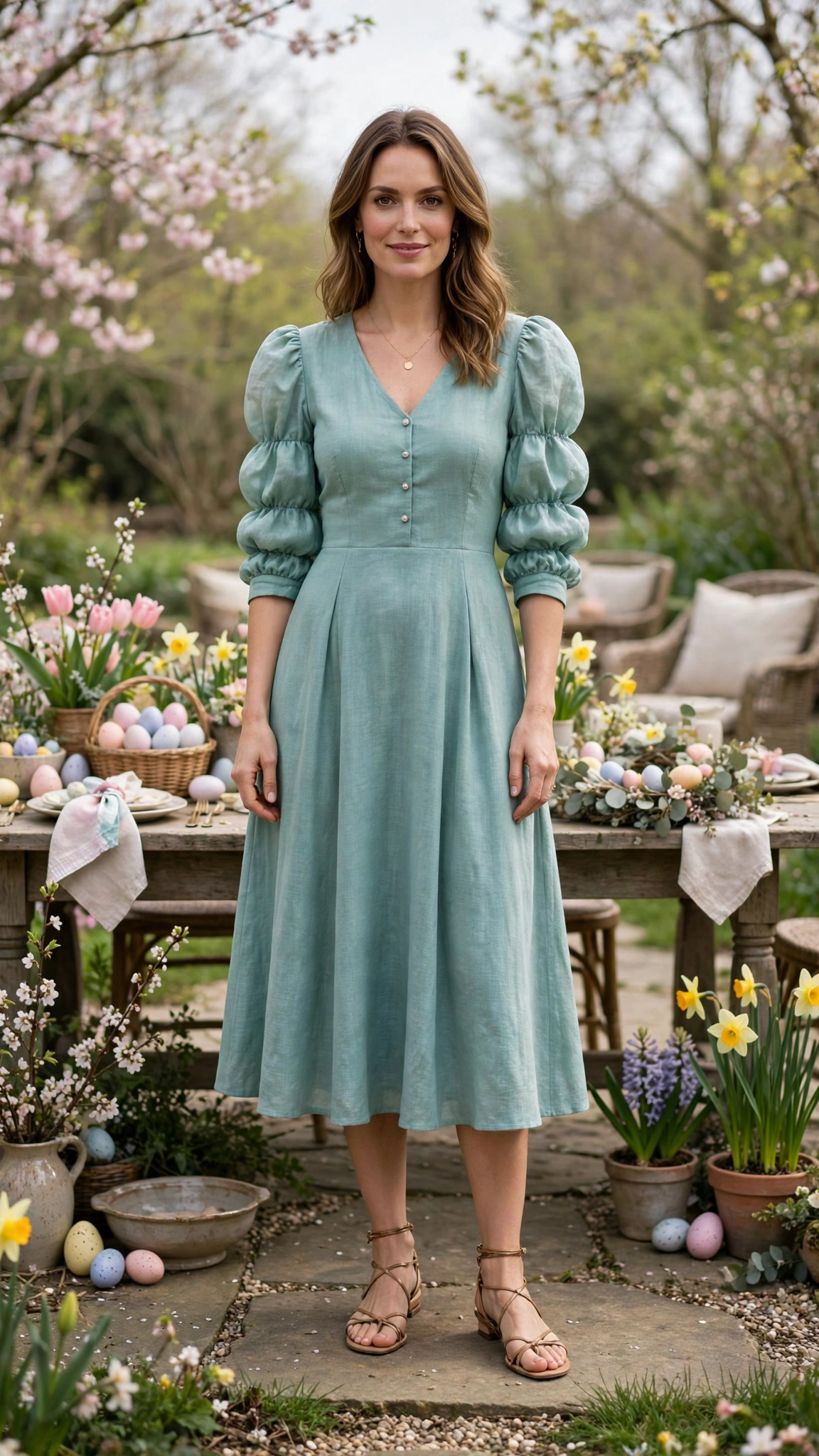 Seafoam Bubble Sleeve Dress Outfit with a three-quarter sleeve bodice and strappy sandals