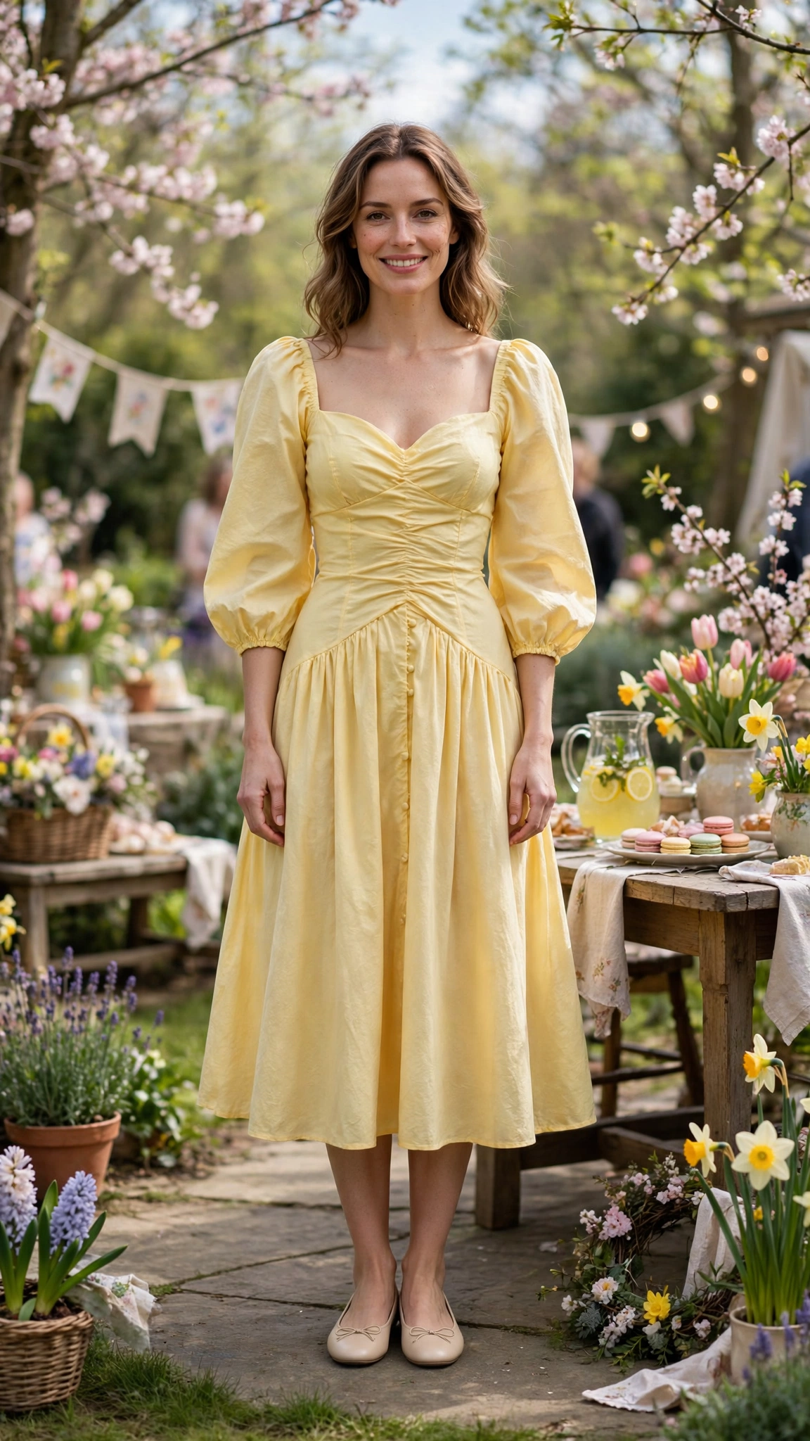 Butter Yellow Bubble Sleeve Dress Outfit with a sweetheart bodice and ballet flats