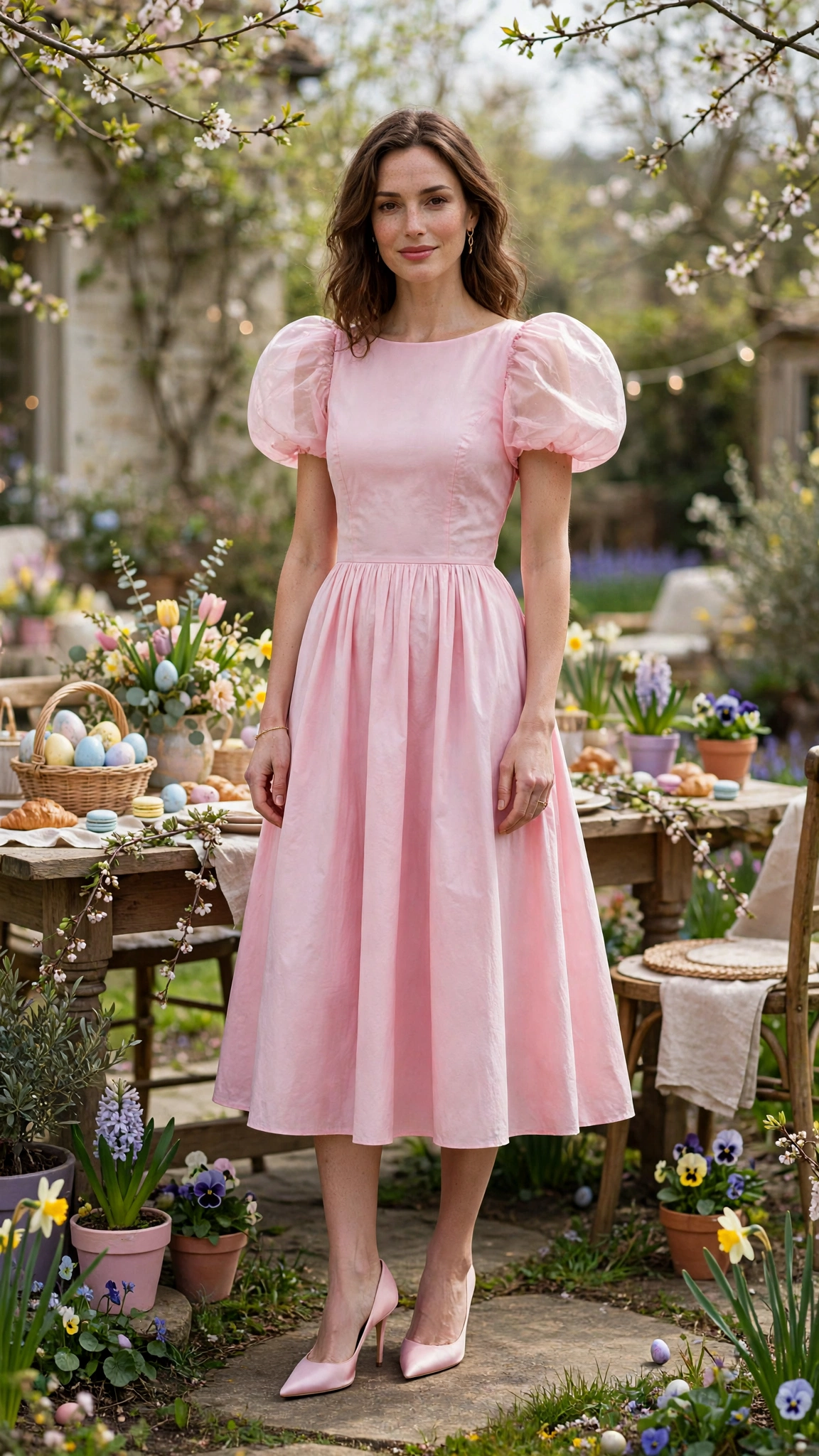 Shell Pink Bubble Sleeve Dress Outfit with a sleeveless bodice and pointed pumps