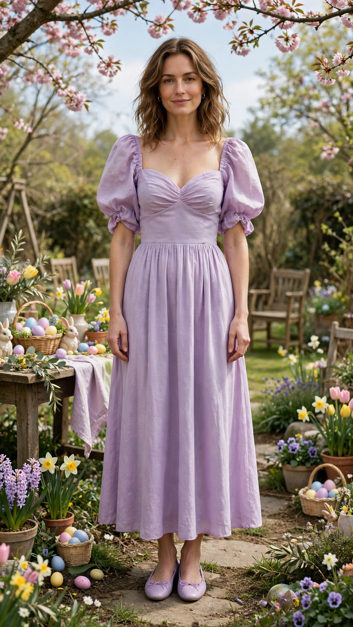 Soft Lilac Bubble Sleeve Dress Outfit with a sweetheart bodice and ballet flats