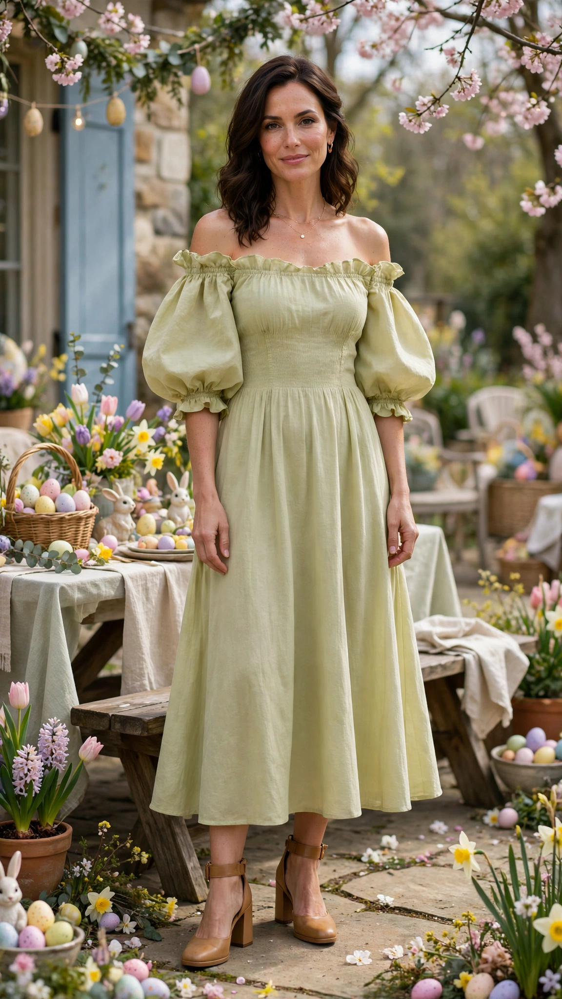 Pistachio Bubble Sleeve Dress Outfit with an off-shoulder bodice and block heels