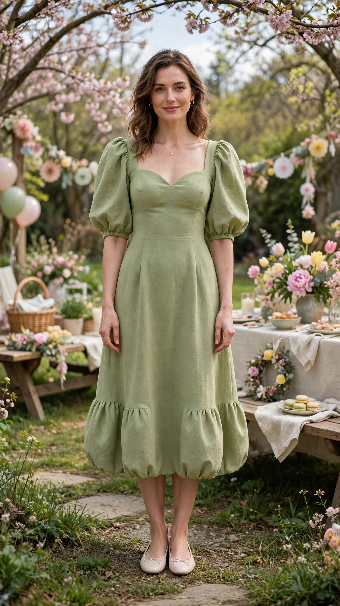 Pistachio Bubble Sleeve Dress Outfit with a sweetheart bodice and ballet flats