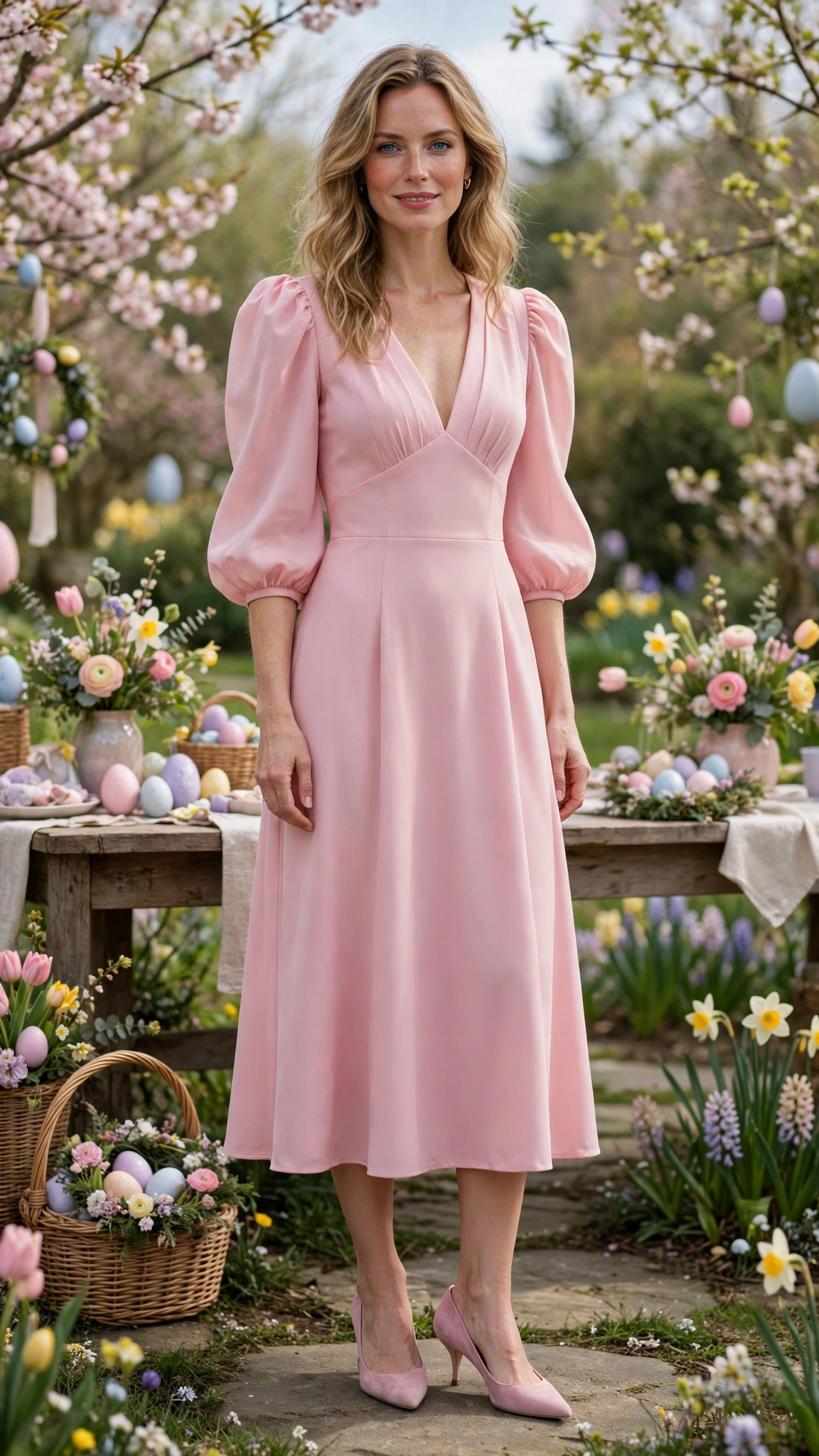 Powder Pink Bubble Sleeve Dress Outfit with a V-neck bodice and kitten heels