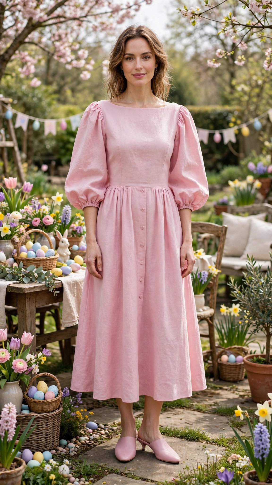 Powder Pink Bubble Sleeve Dress Outfit with a boat-neck bodice and mules