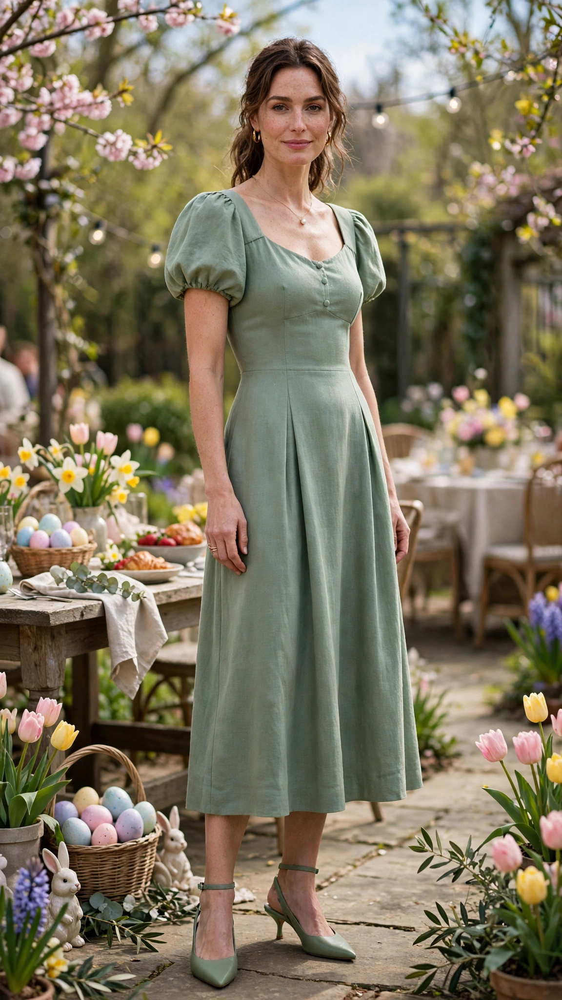 Sage Green Bubble Sleeve Dress Outfit with a cap-sleeve bodice and slingbacks