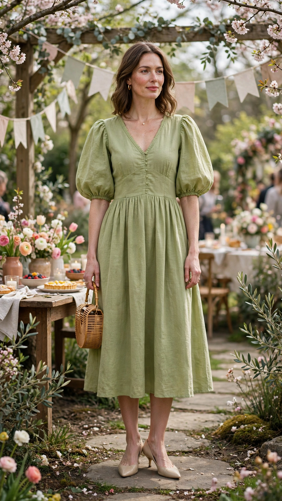 Pistachio Bubble Sleeve Dress Outfit with a V-neck bodice and kitten heels