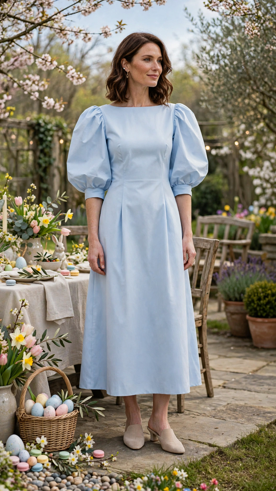 Baby Blue Bubble Sleeve Dress Outfit with a boat-neck bodice and mules
