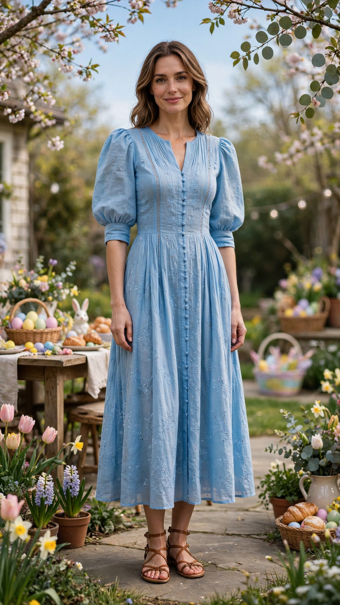 Sky Blue Bubble Sleeve Dress Outfit with a three-quarter sleeve bodice and strappy sandals