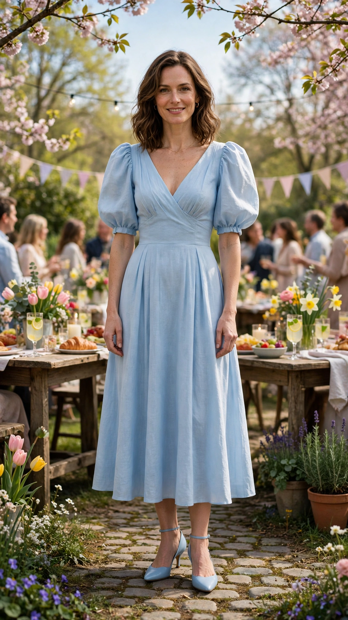 Baby Blue Bubble Sleeve Dress Outfit with a V-neck bodice and kitten heels