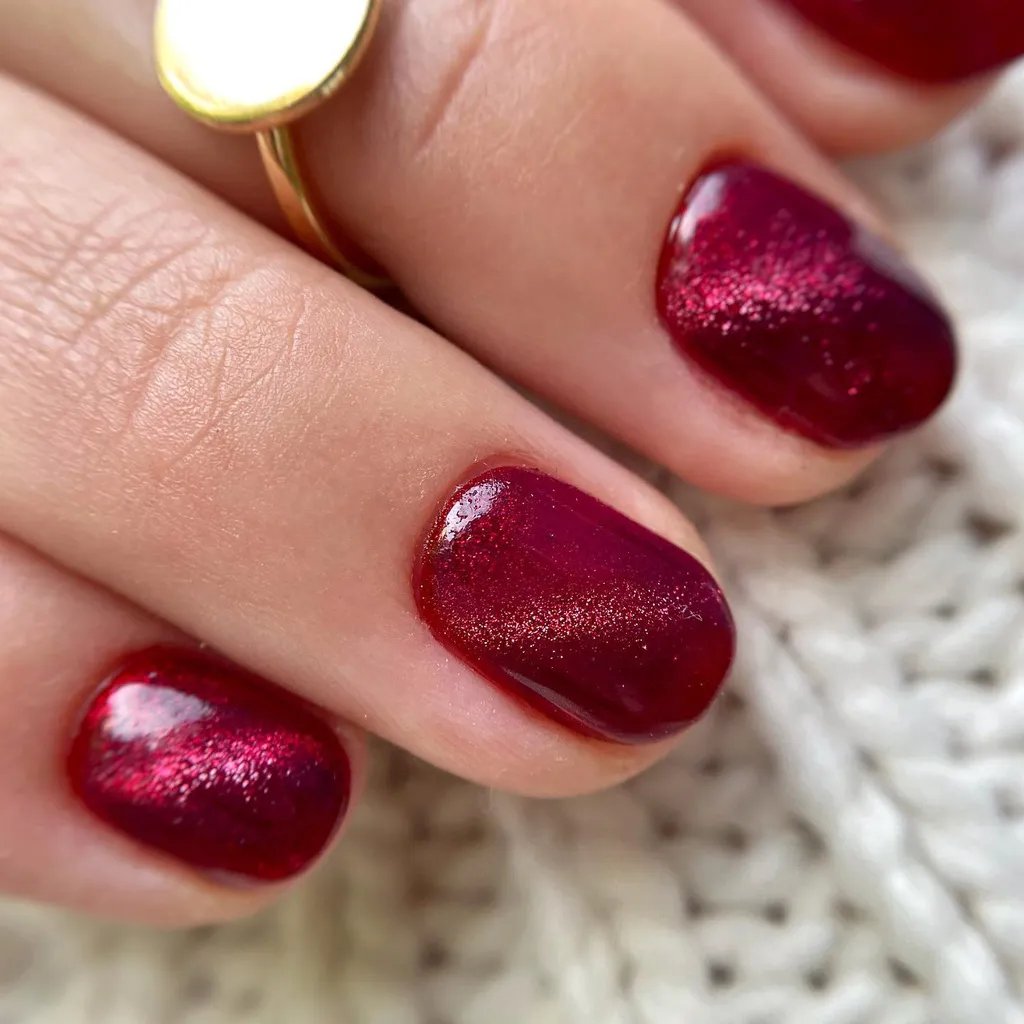 Magenta Burgundy Glitter Cat Eye Short Oval Nails for Cold Weather Events