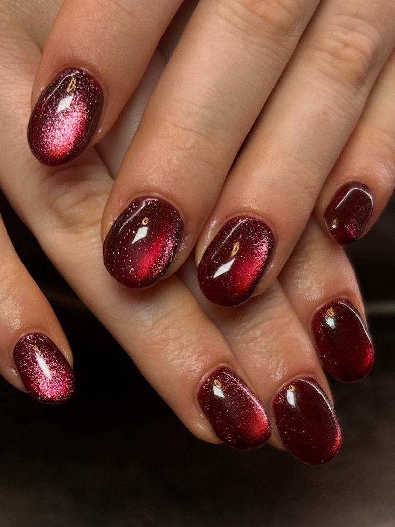 Burgundy Cat Eye Short Oval Nails for Cold Weather Events