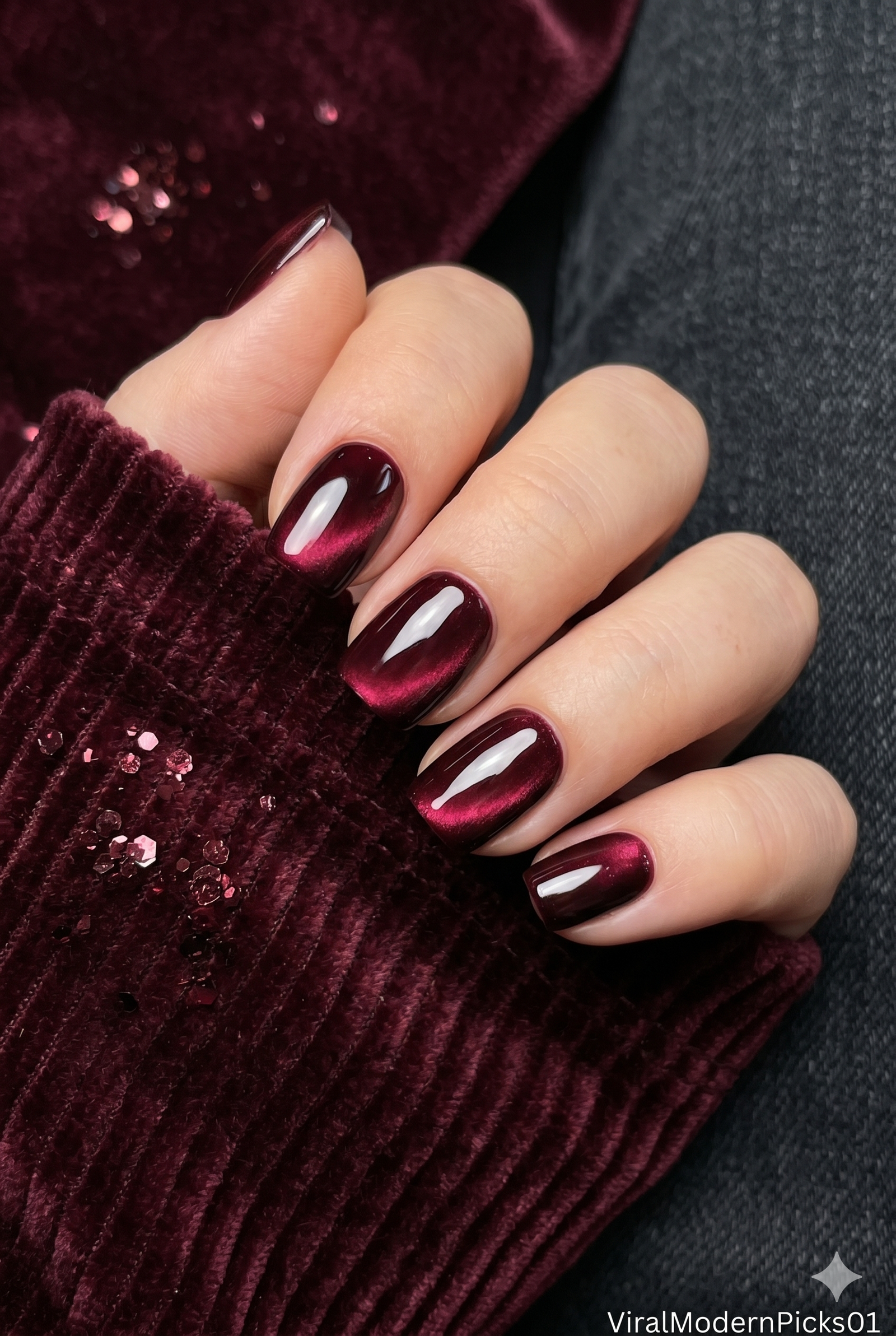 Dark Burgundy Cat Eye Short Oval Nails for Cold Weather Events