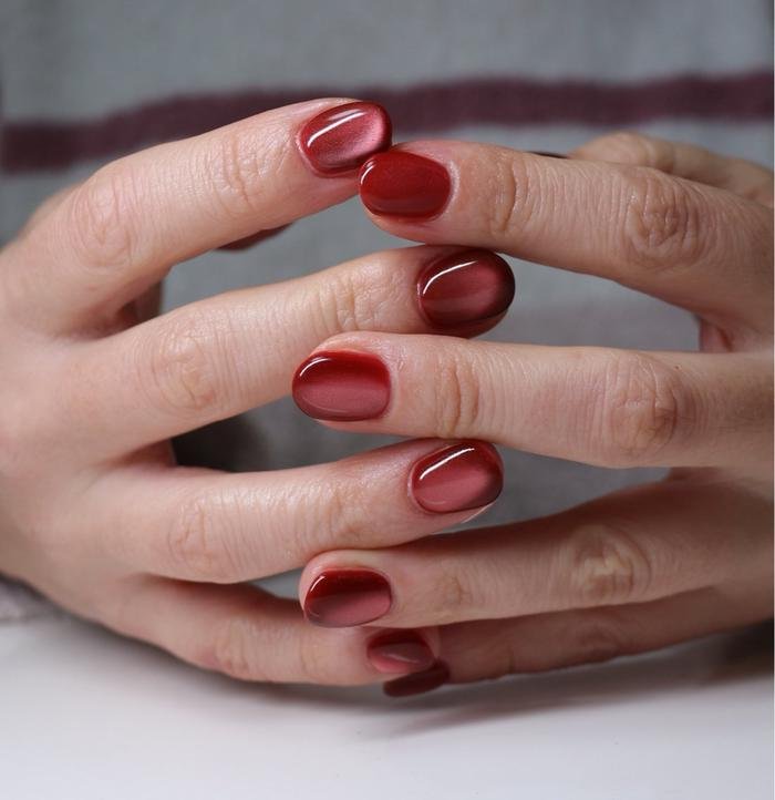 Red Burgundy Cat Eye Short Oval Nails for Cold Weather Events