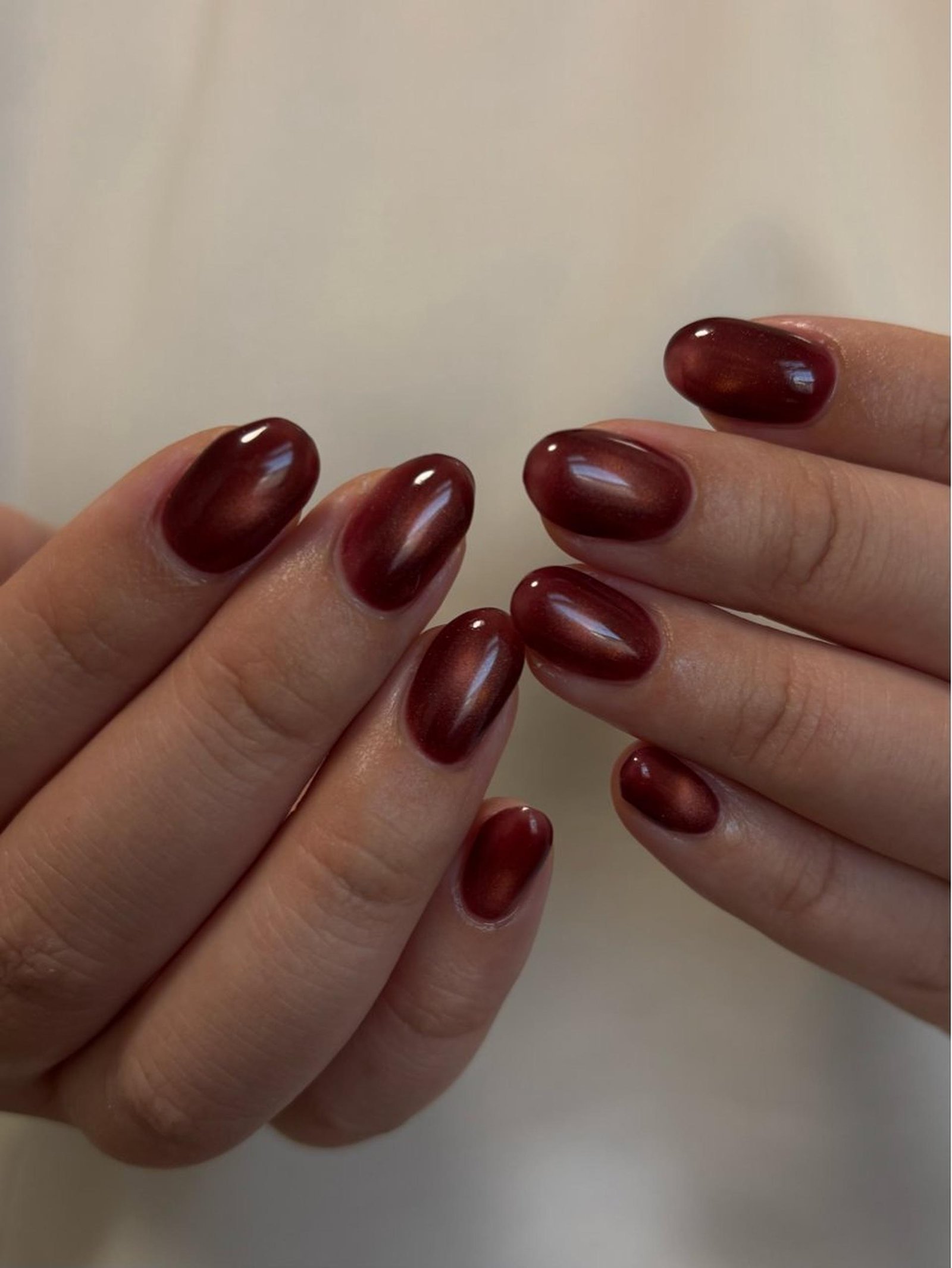 Dark Burgundy Satin Cat Eye Short Oval Nails for Cold Weather Events