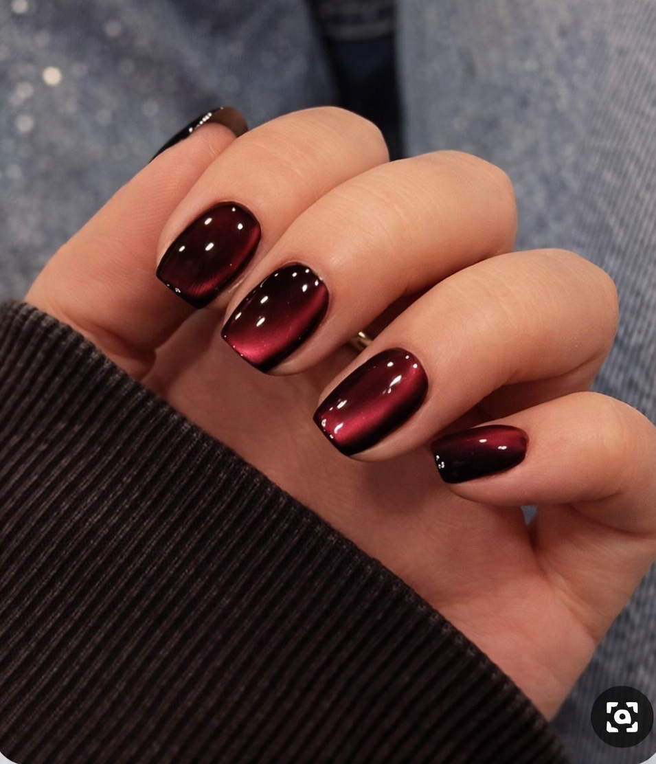 Black Burgundy Cat Eye Short Square Nails for Cold Weather Events