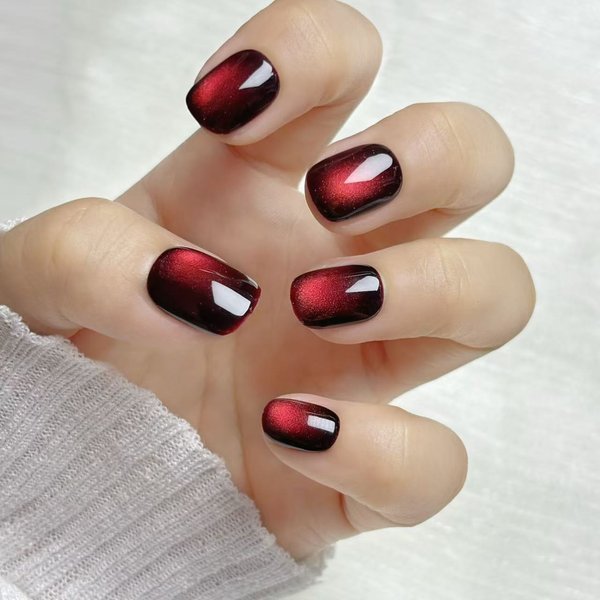 Burgundy Cat Eye Short Square Nails with a Glossy Finish for Cold Weather Events