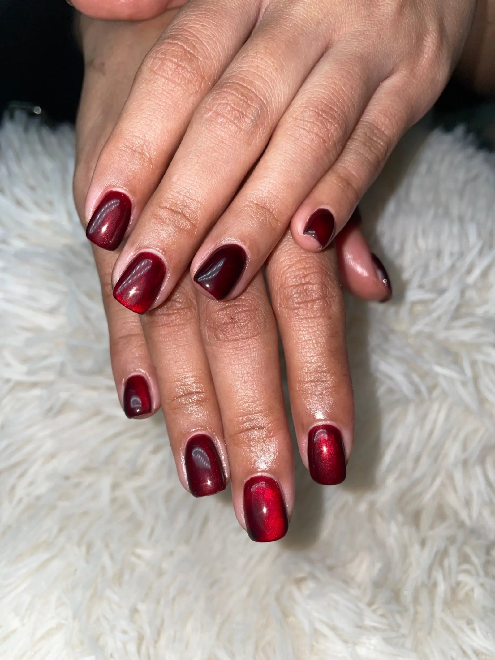 Red Burgundy Cat Eye Short Oval Nails for Cold Weather Events