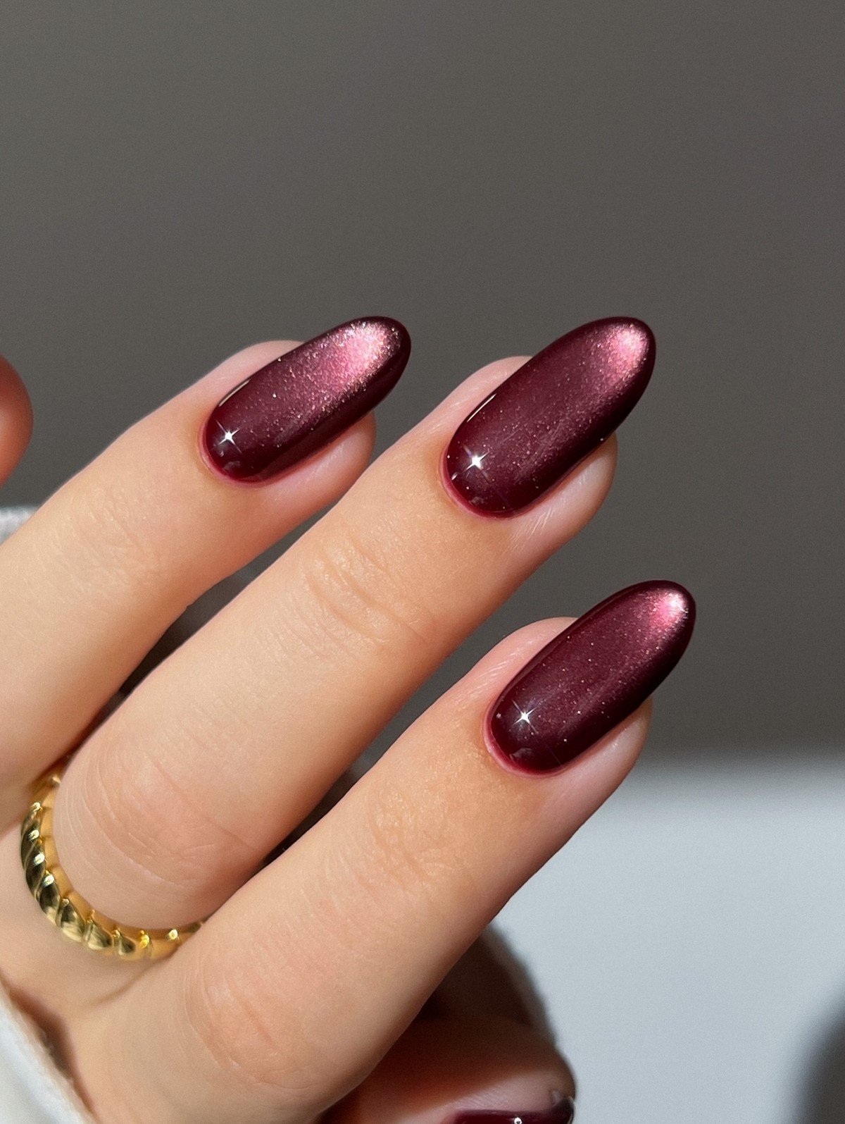 Burgundy Satin Cat Eye Short Almond Nails for Cold Weather Events