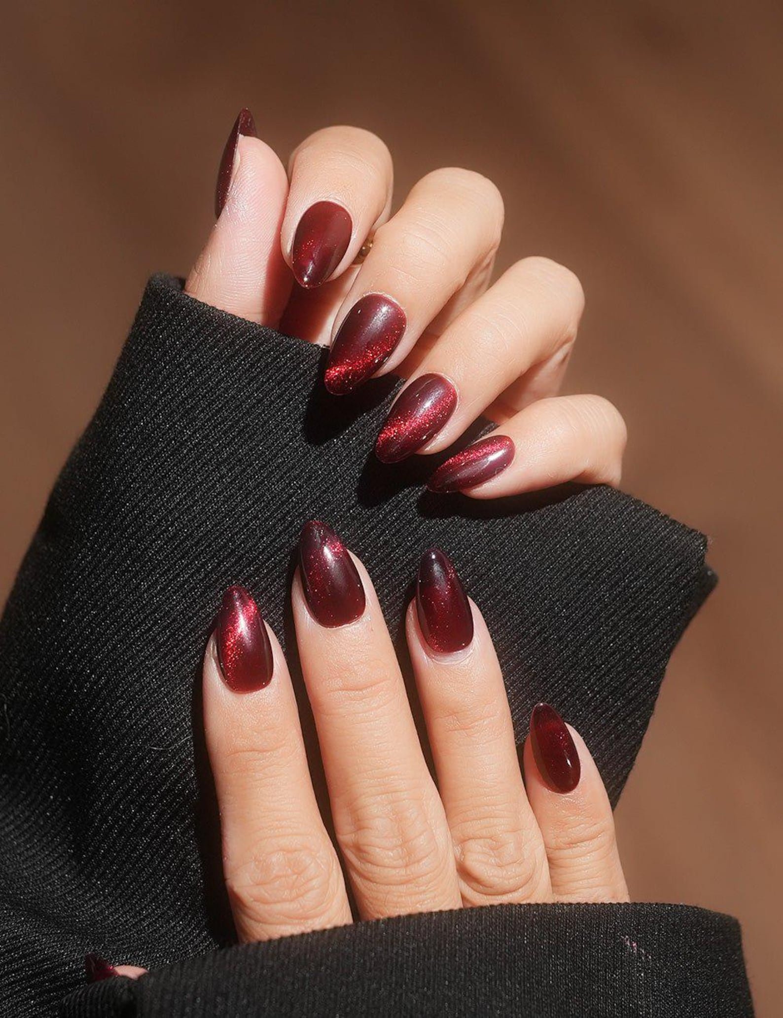 Dark Burgundy Cat Eye Short Oval Nails for Cold Weather Events