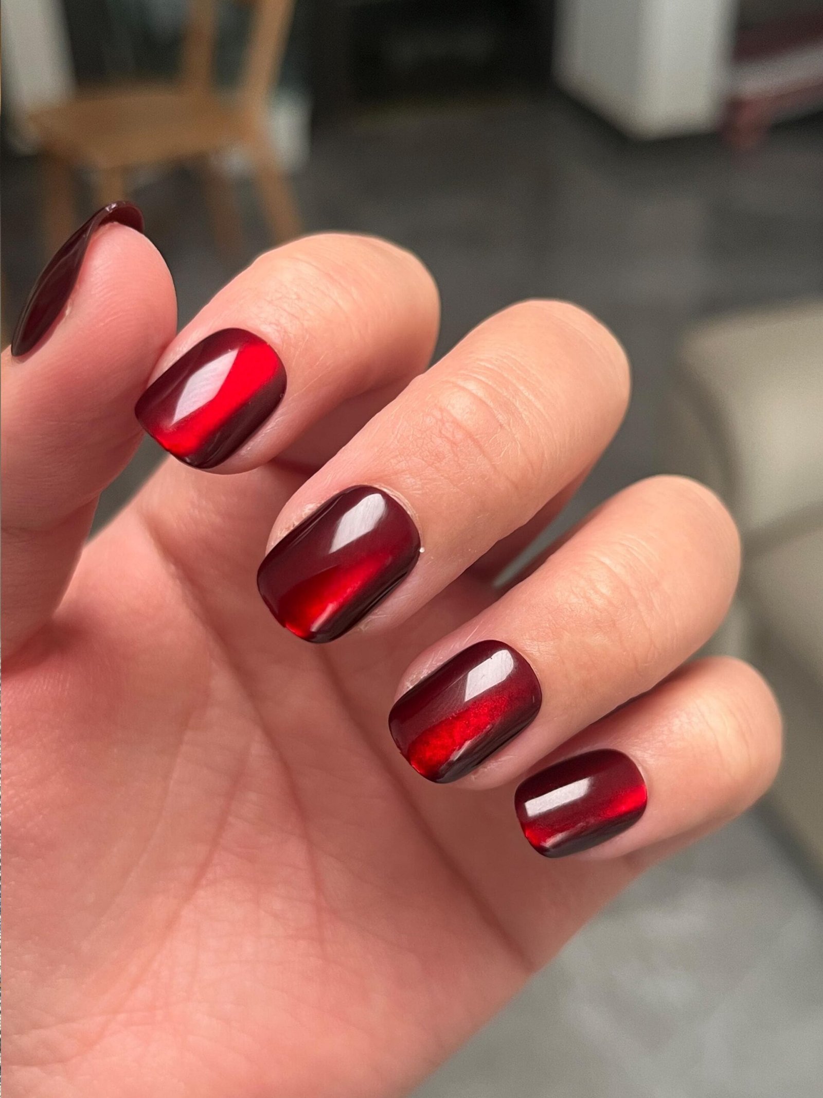 Dark Red Cat Eye Short Square Nails for Cold Weather Events