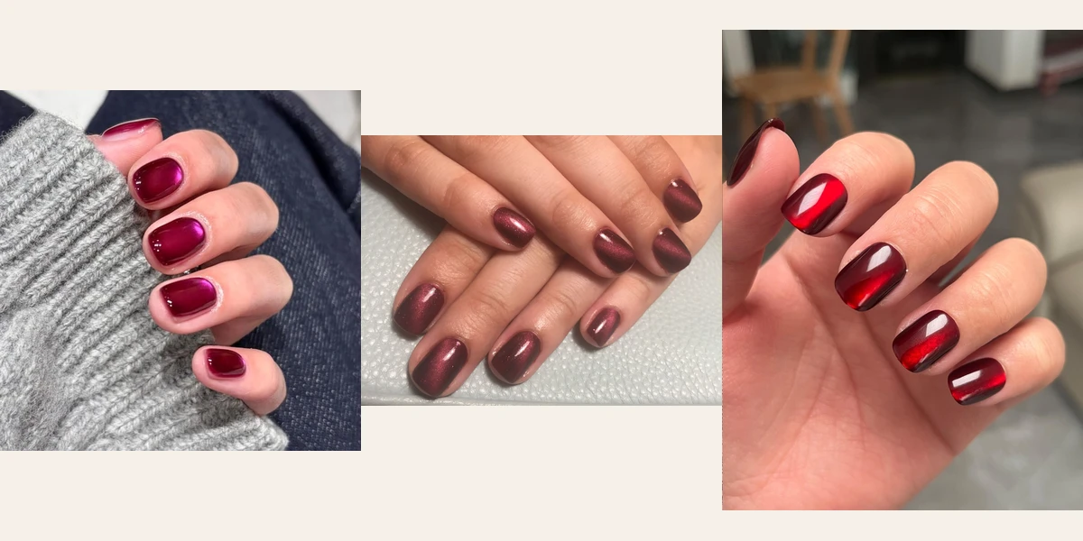 25 Burgundy Cat Eye Short Nails for Women in Their 30s for Cold Weather Events That Are Rich, Magnetic and Easy to Wear