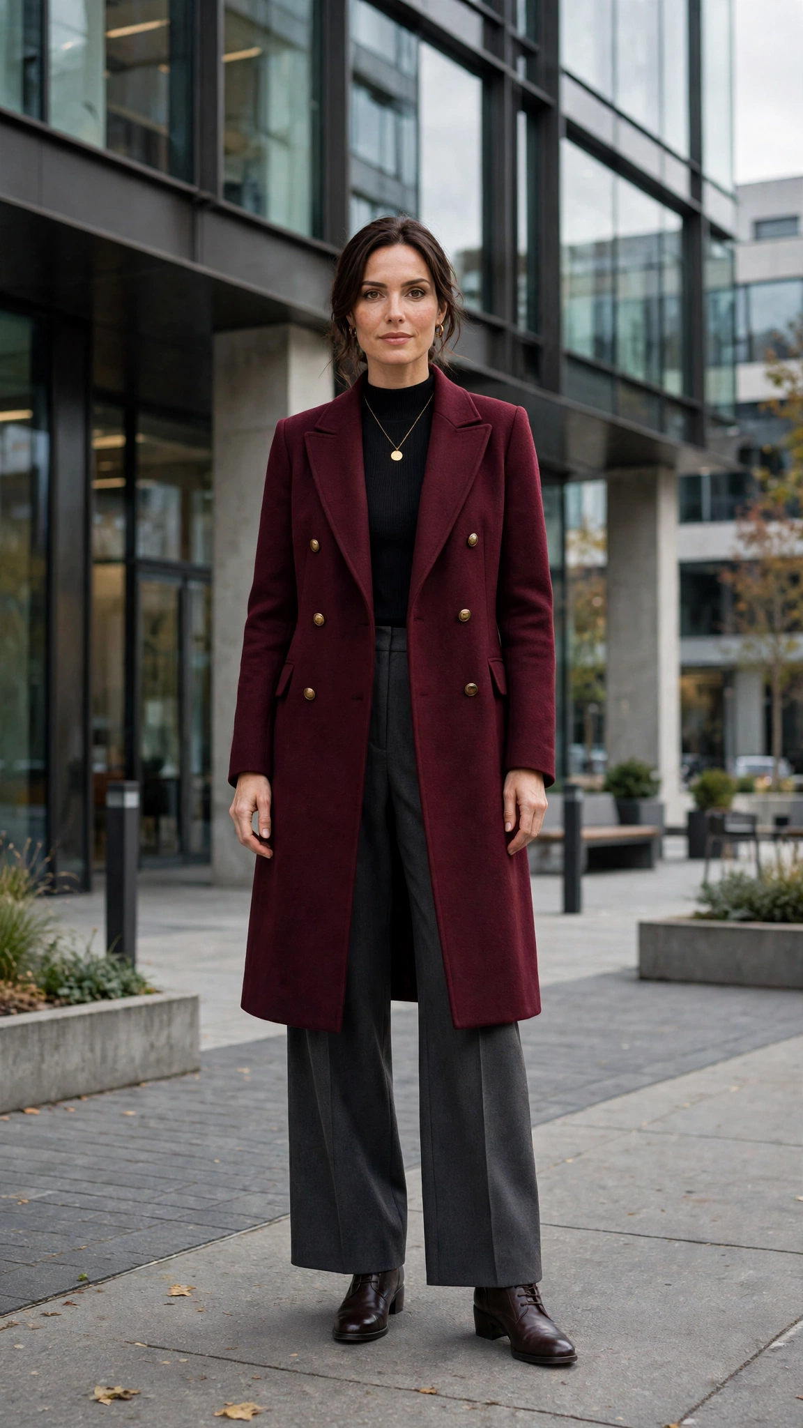 Burgundy Double-breasted Coat with Charcoal Wide-leg Trousers and Dark Brown Boots