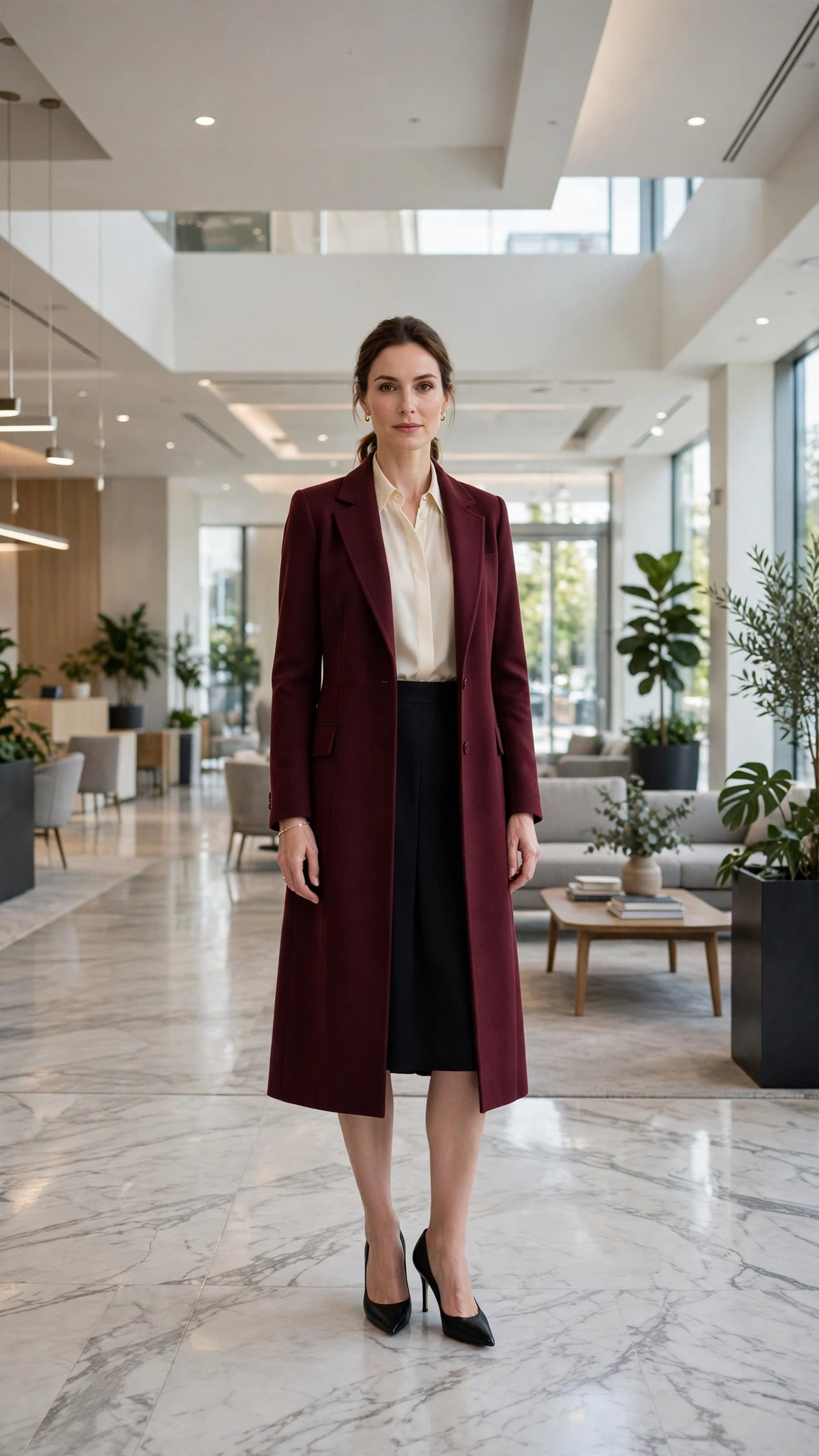 Burgundy Longline Coat with a Cream Blouse and Black Skirt and Black Pointed Heels