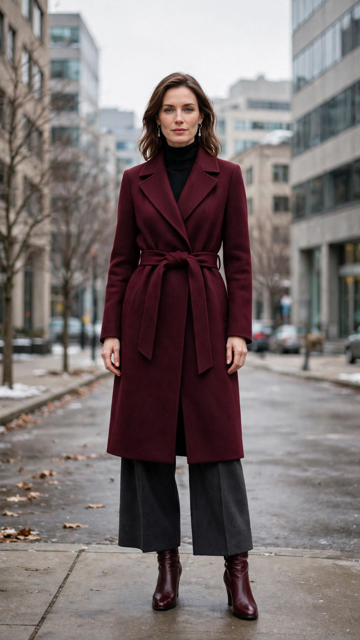 Burgundy Belted Coat with Charcoal Wide-leg Trousers and Burgundy Leather Boots