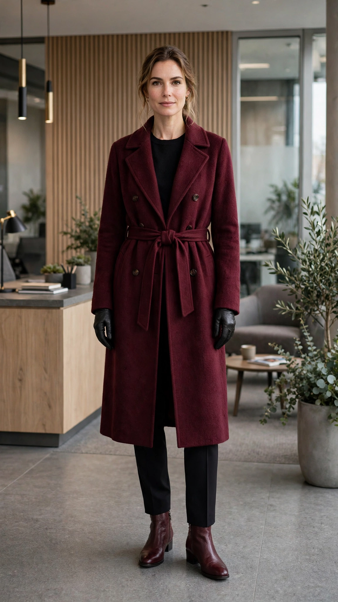 Burgundy Cashmere-blend Coat with Black Tailored Trousers and Burgundy Leather Boots