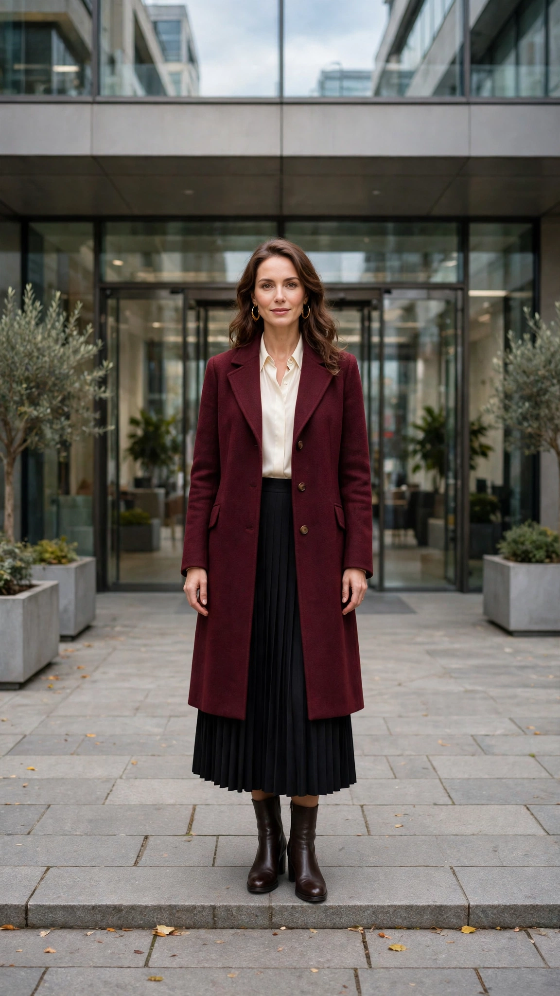 Burgundy Wool Coat with a Cream Blouse and Black Skirt and Dark Brown Boots