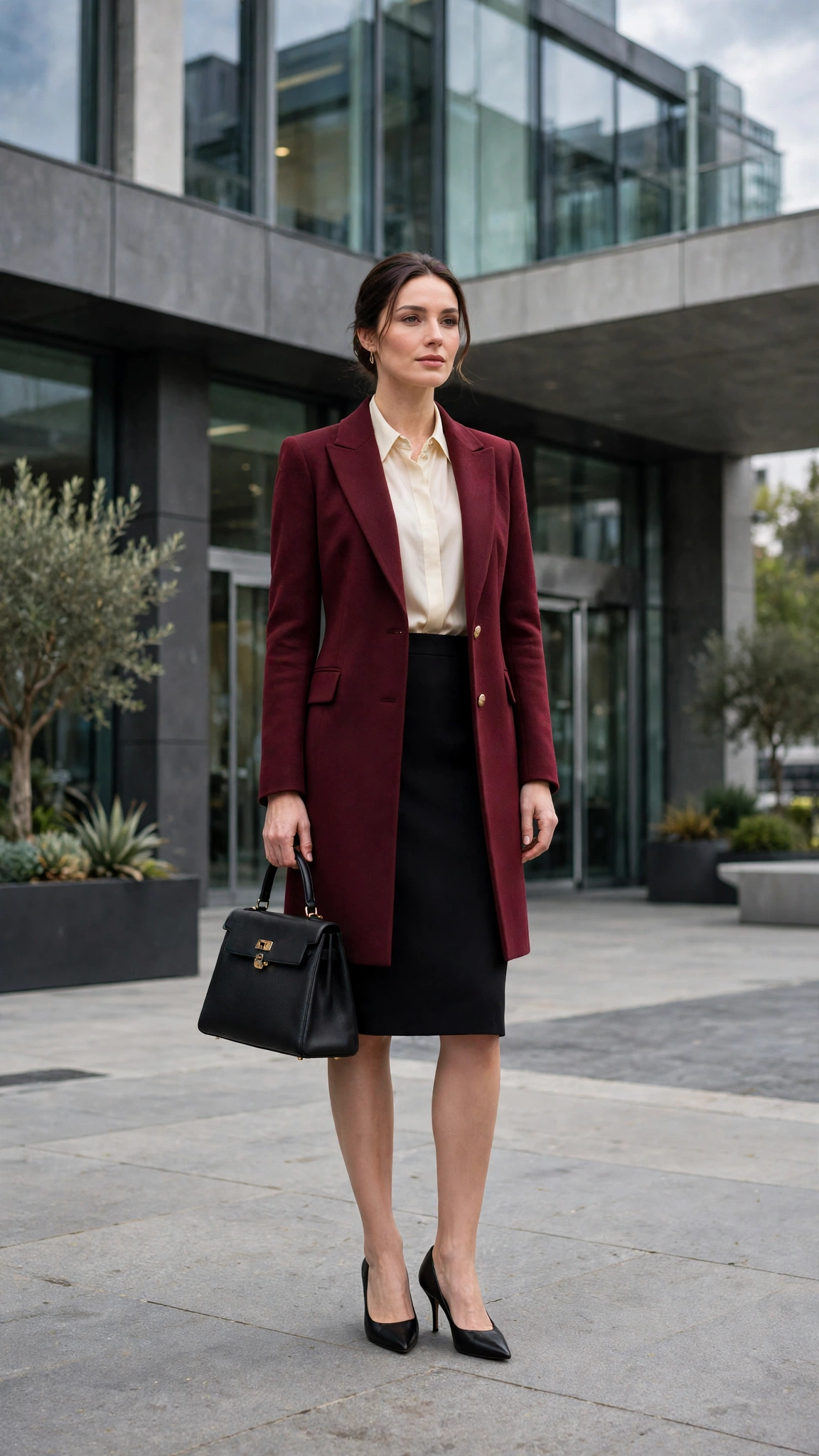 Burgundy Tailored Coat with a Cream Blouse and Black Skirt and Black Pointed Heels